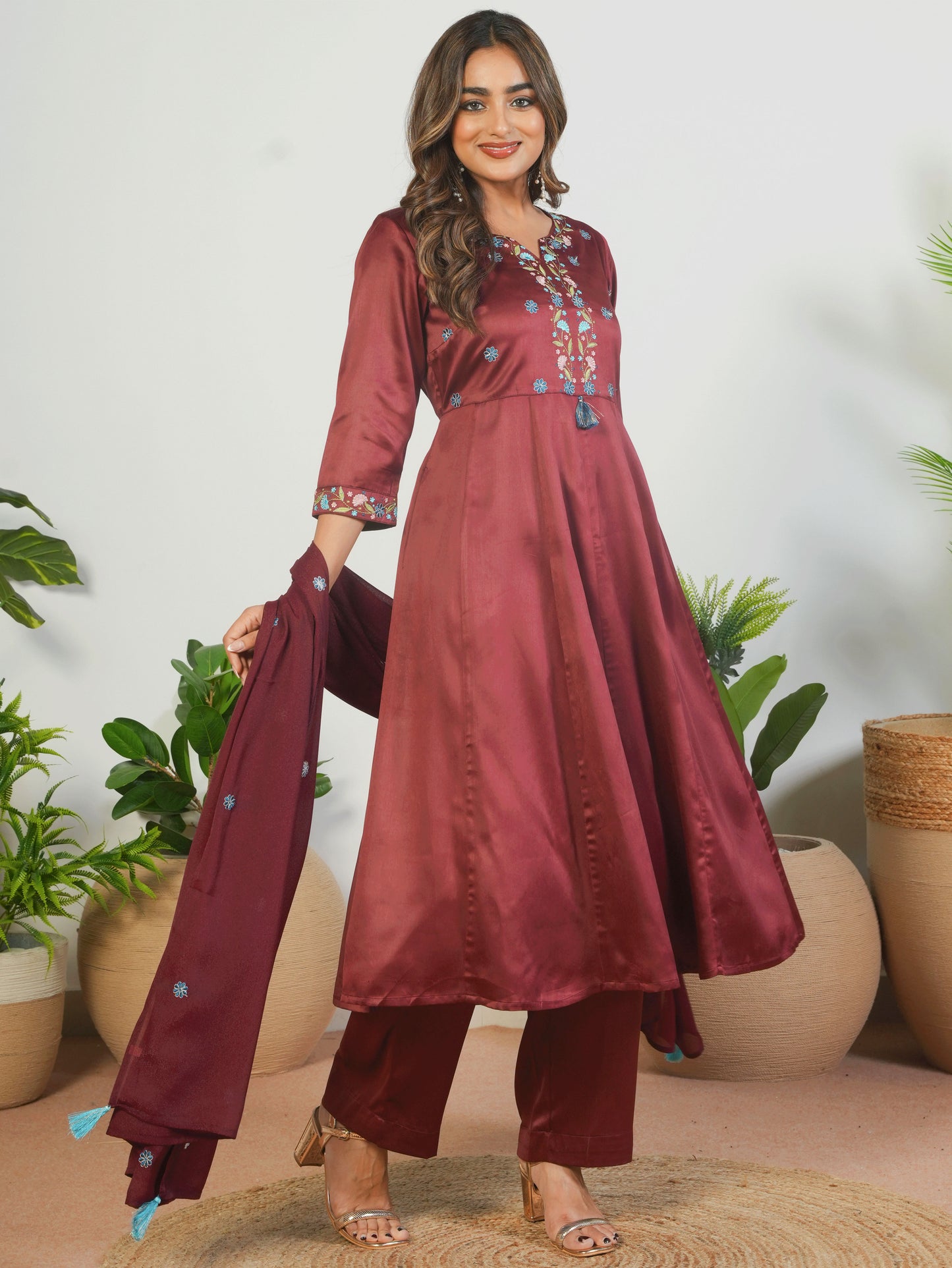 Embroidered Satin Solid Anarkali Maroon Kurta