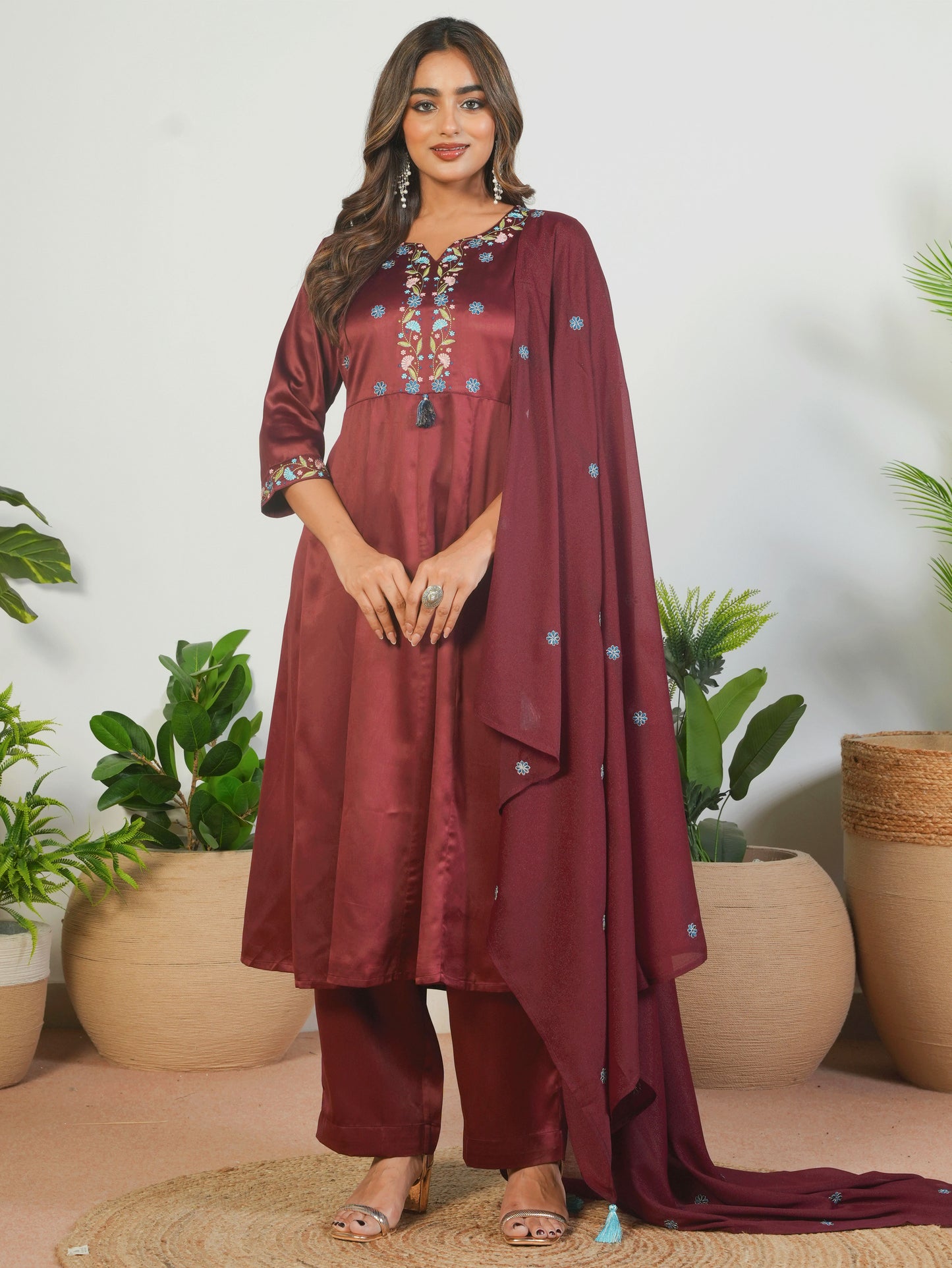 Embroidered Satin Solid Anarkali Maroon Kurta
