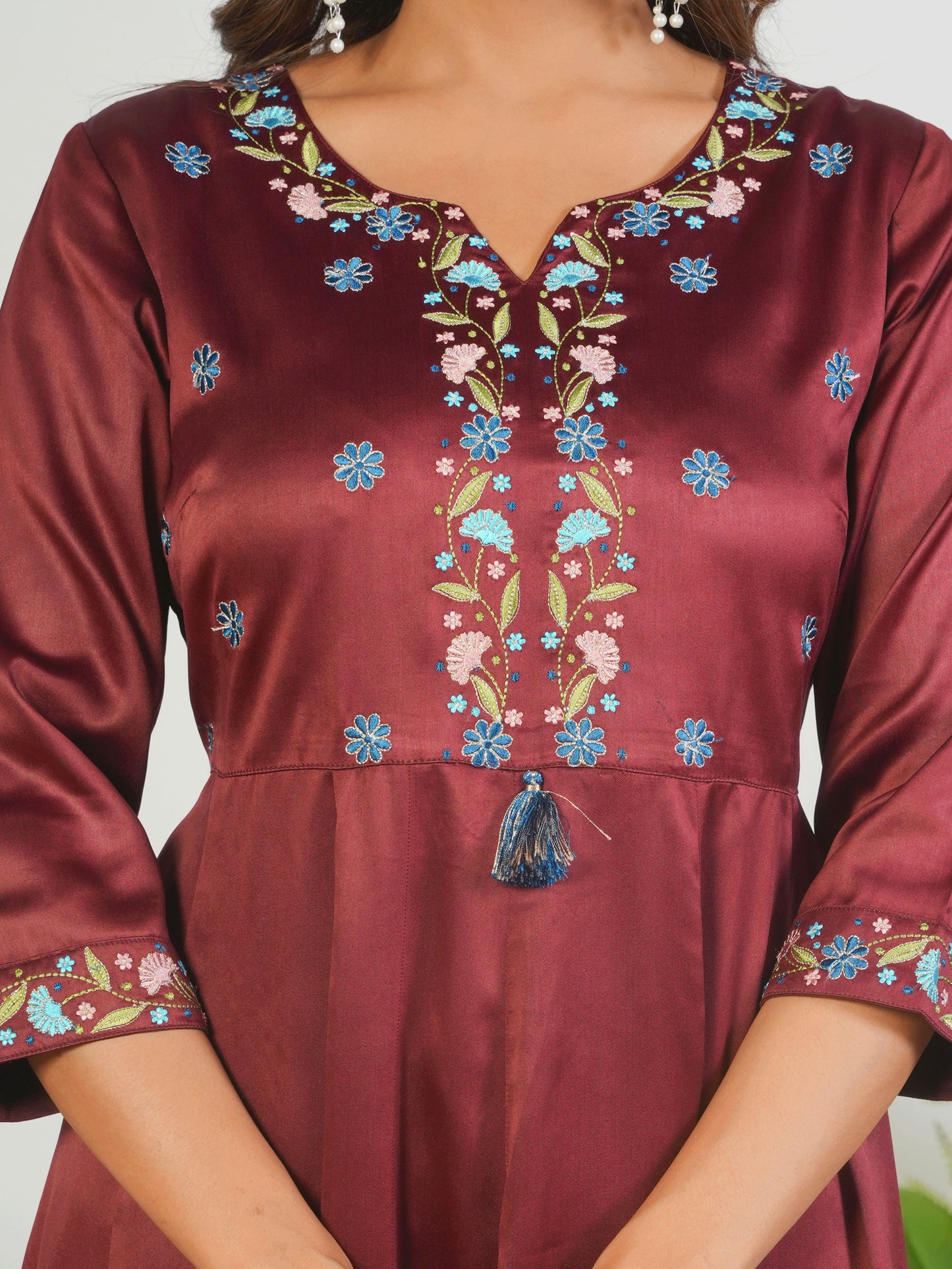 Embroidered Satin Solid Anarkali Maroon Kurta