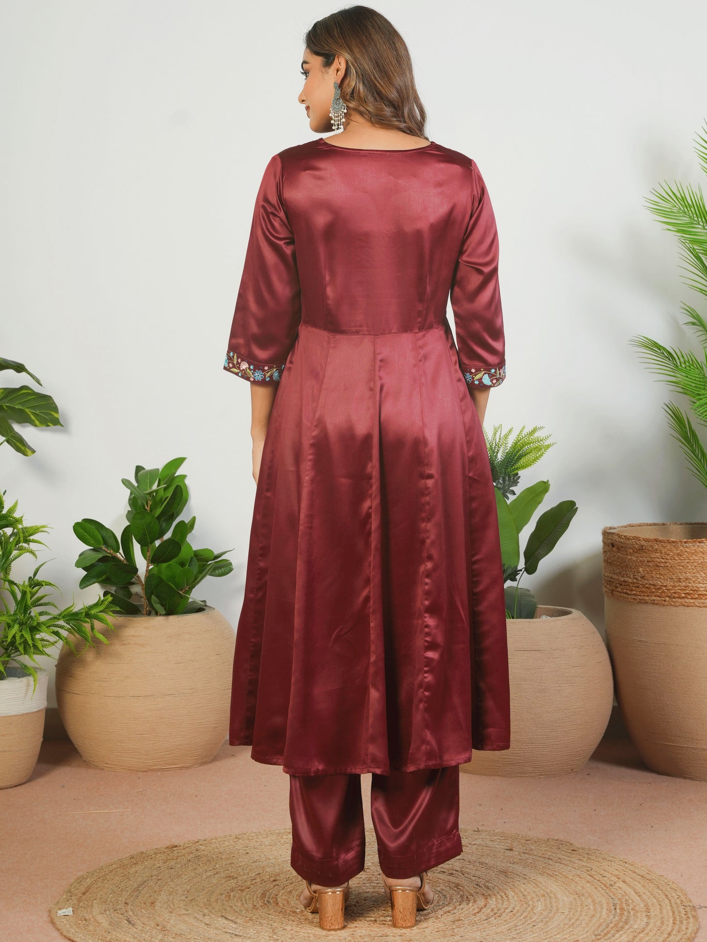 Embroidered Satin Solid Anarkali Maroon Kurta