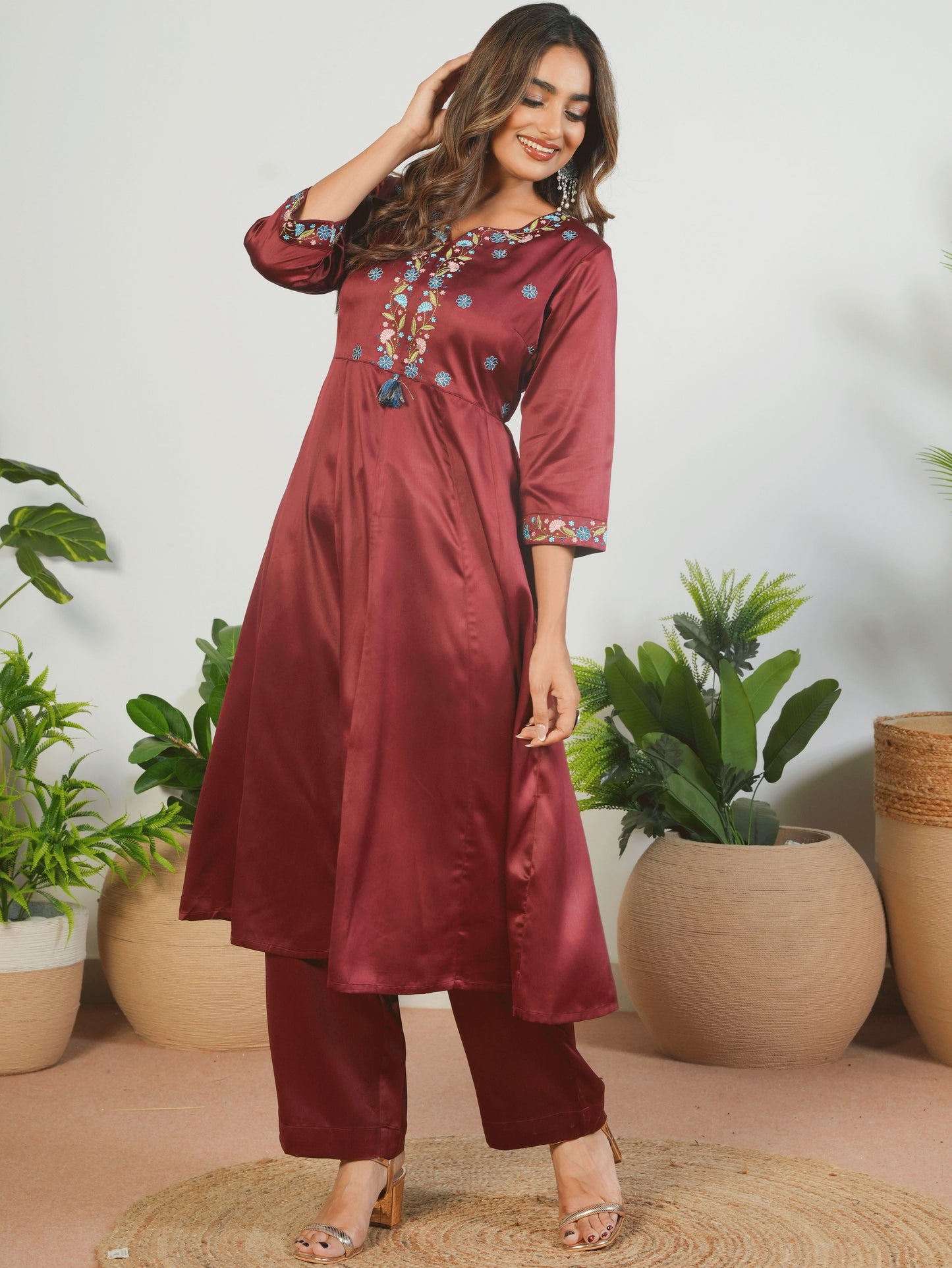 Embroidered Satin Solid Anarkali Maroon Kurta