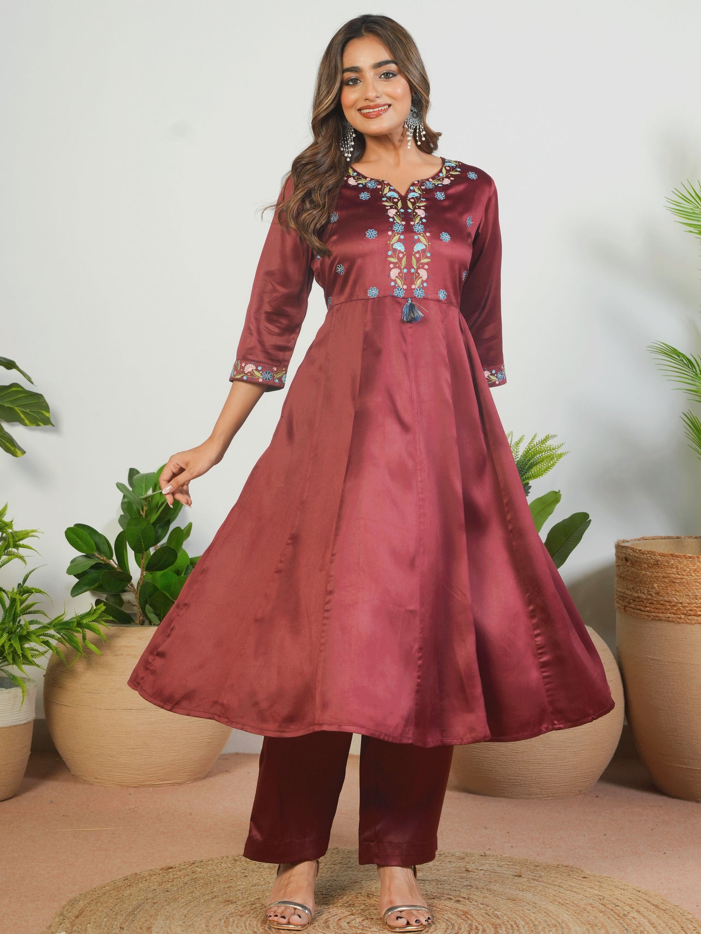 Embroidered Satin Solid Anarkali Maroon Kurta
