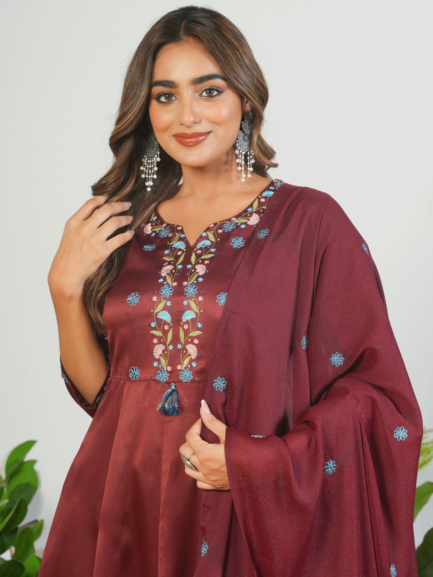 Embroidered Satin Solid Anarkali Maroon Kurta