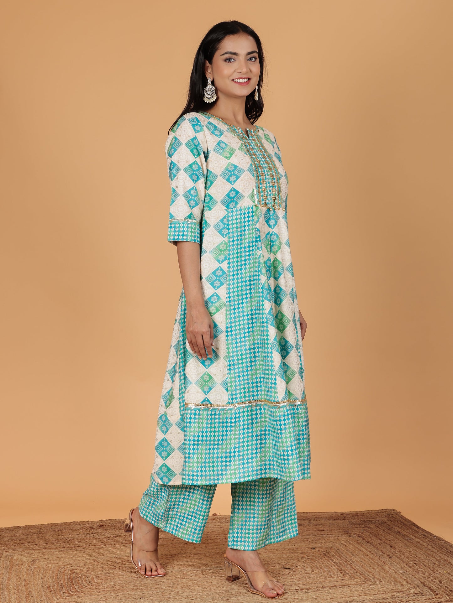 Chanderi Geometric Anarkali Cream Kurta