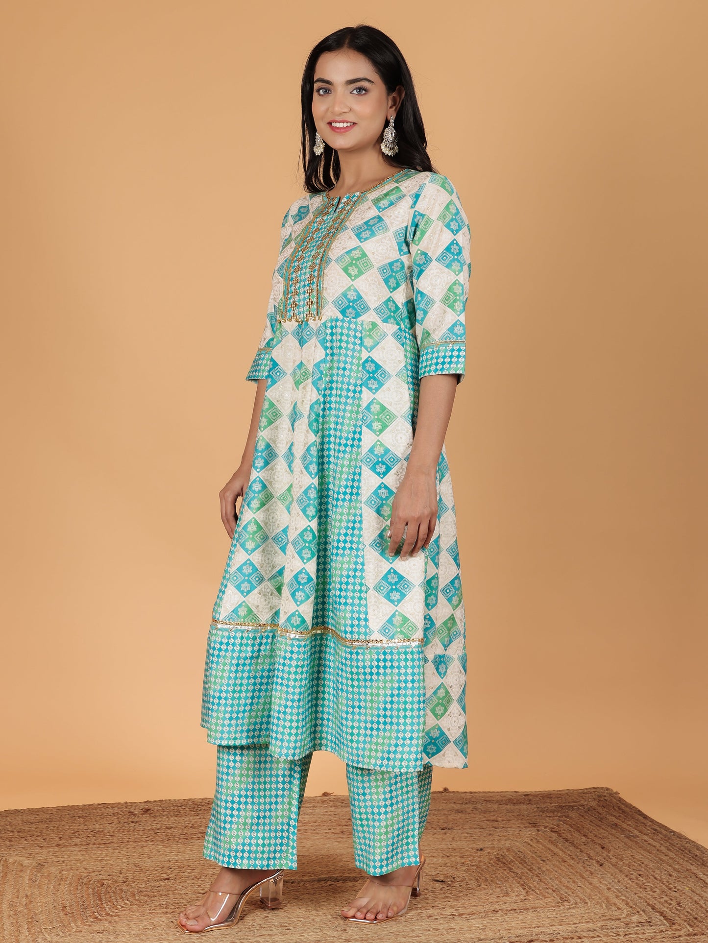 Chanderi Geometric Anarkali Cream Kurta