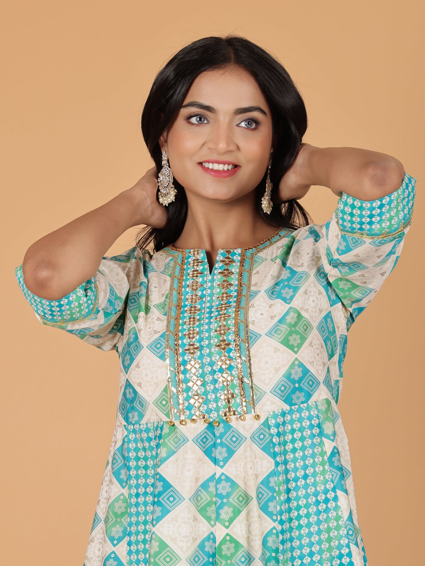 Chanderi Geometric Anarkali Cream Kurta