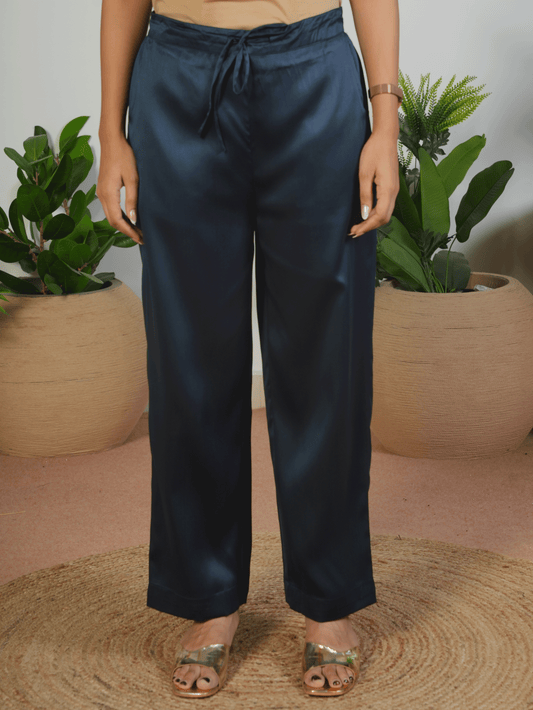 Satin Solid Navy Blue Straight Trousers
