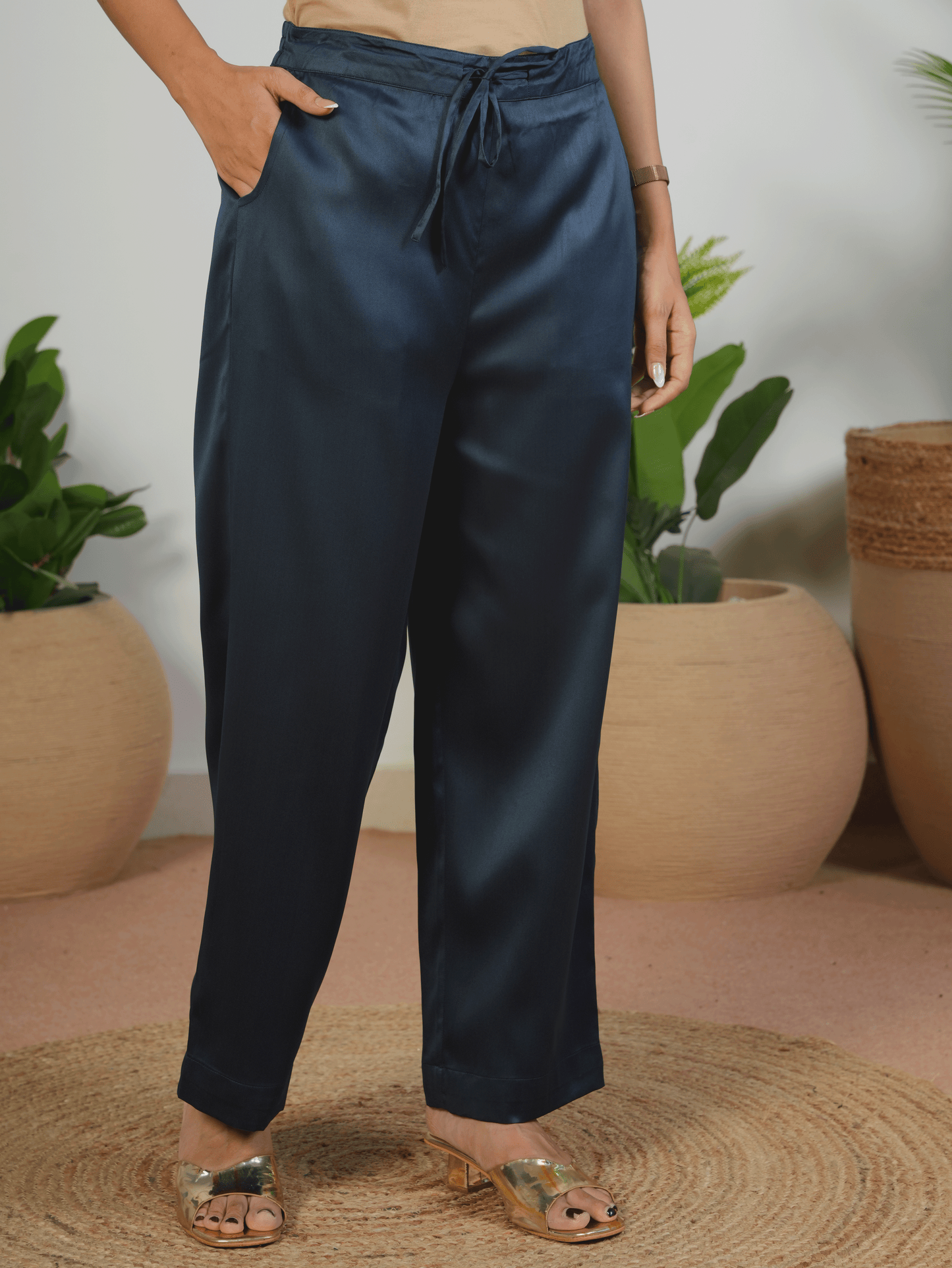 Satin Solid Navy Blue Straight Trousers