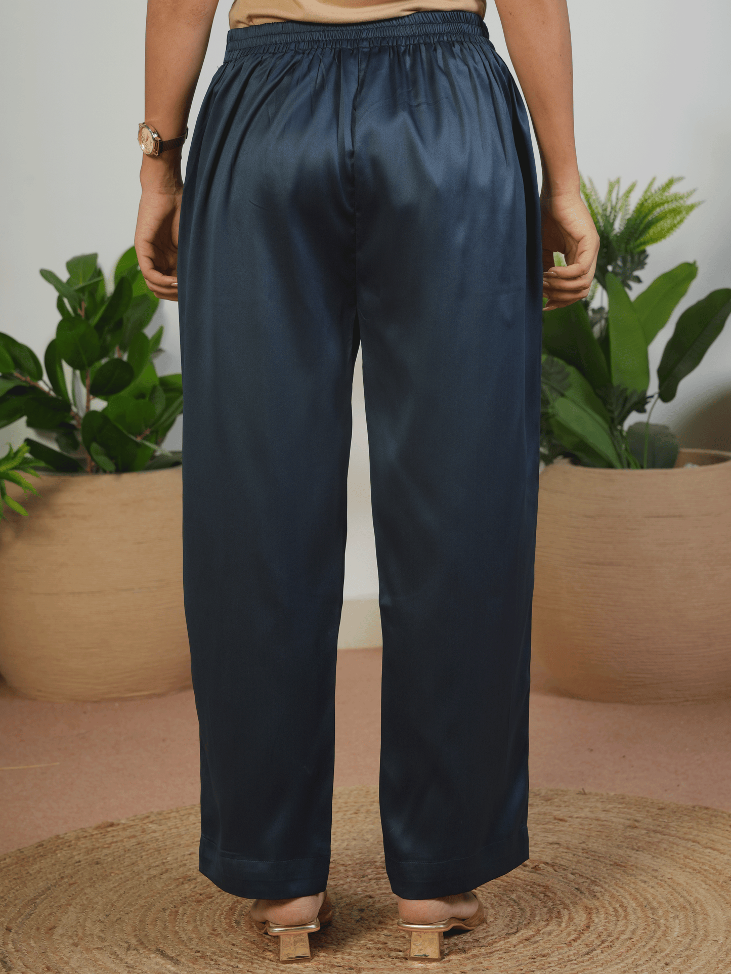 Satin Solid Navy Blue Straight Trousers