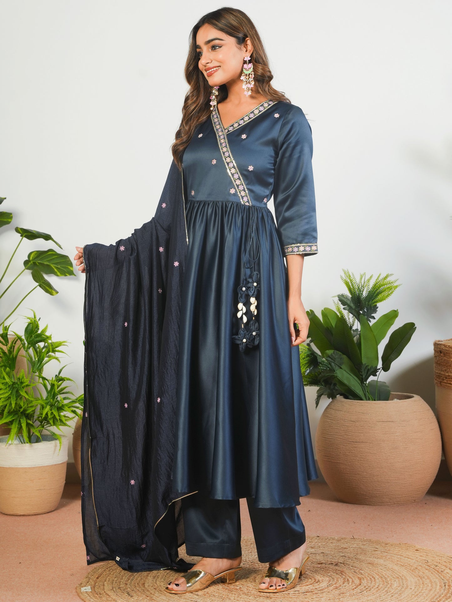 Embroidered Satin Solid Angrakha Navy Blue Kurta