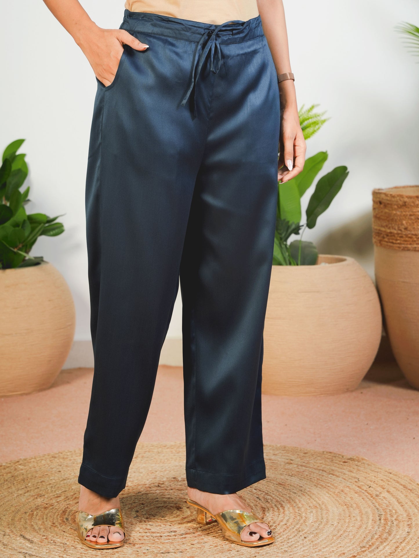 Embroidered Satin Solid Angrakha Navy Blue Kurta