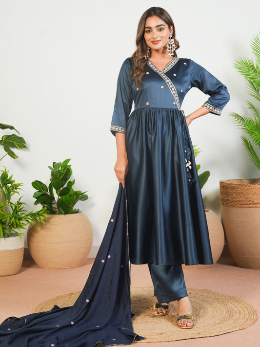 Embroidered Satin Solid Angrakha Navy Blue Kurta
