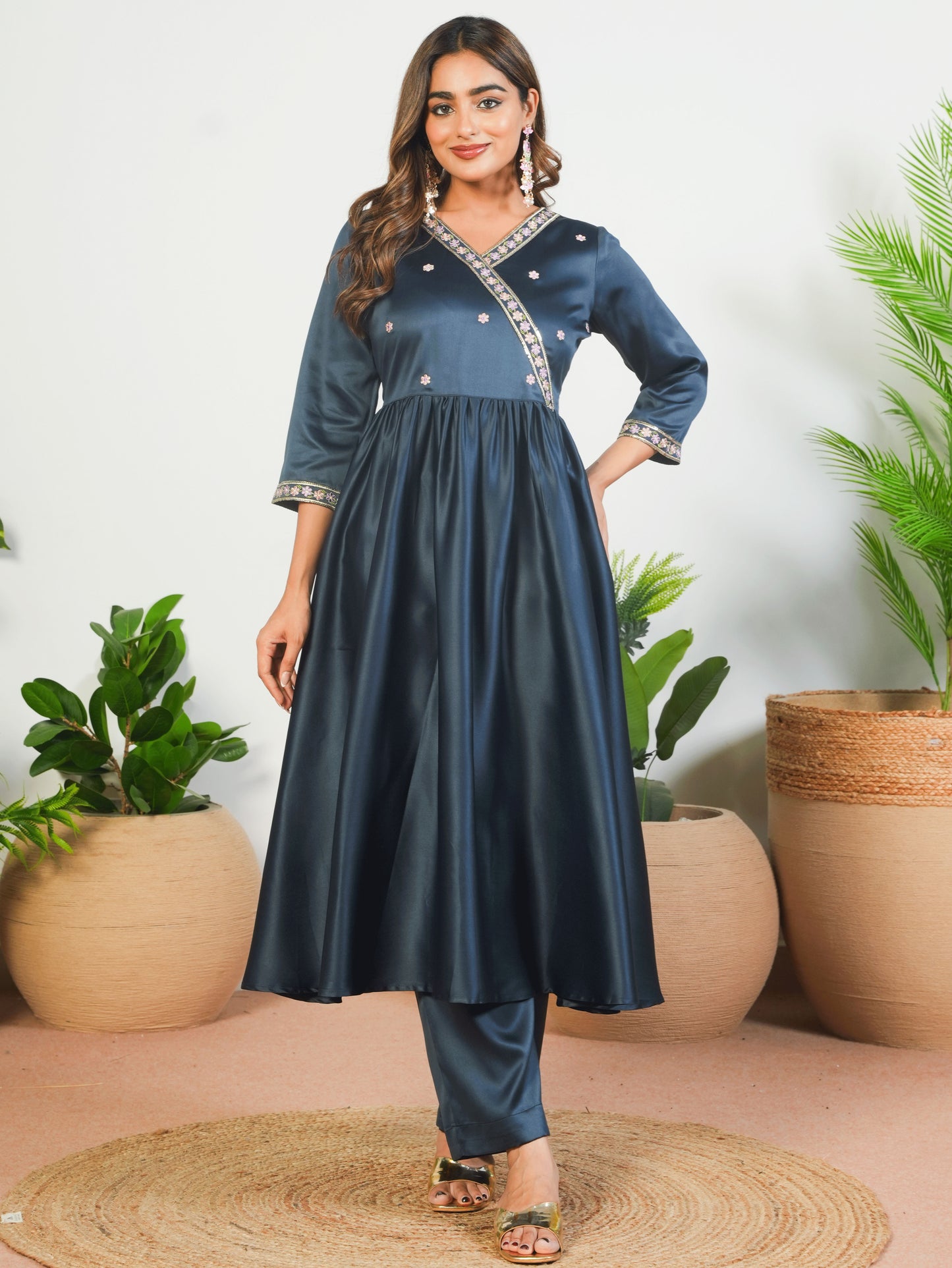 Embroidered Satin Solid Angrakha Navy Blue Kurta