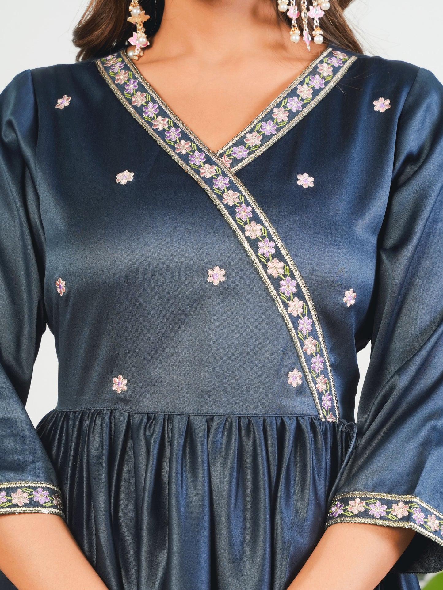Embroidered Satin Solid Angrakha Navy Blue Kurta