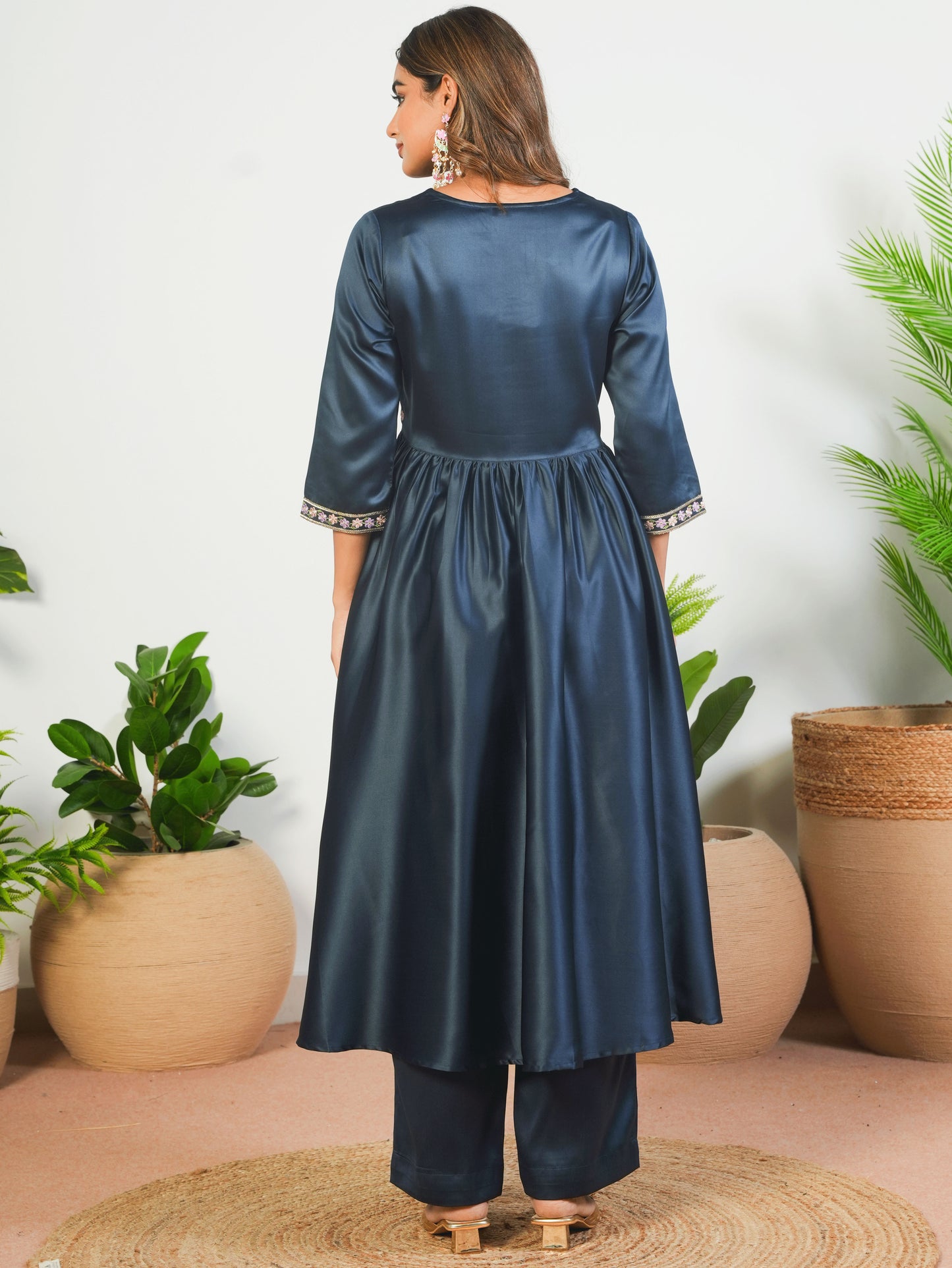 Embroidered Satin Solid Angrakha Navy Blue Kurta