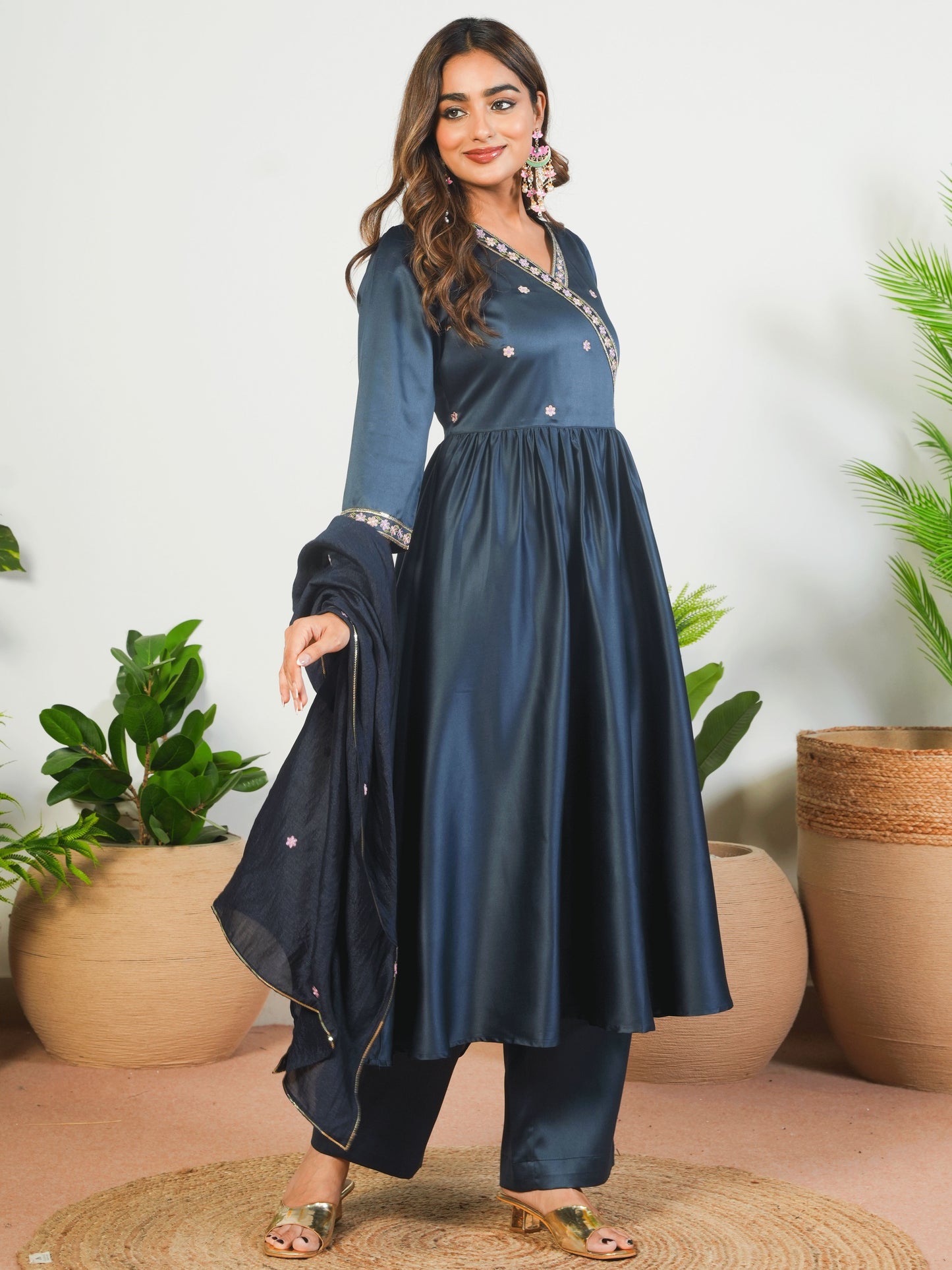 Embroidered Satin Solid Angrakha Navy Blue Kurta
