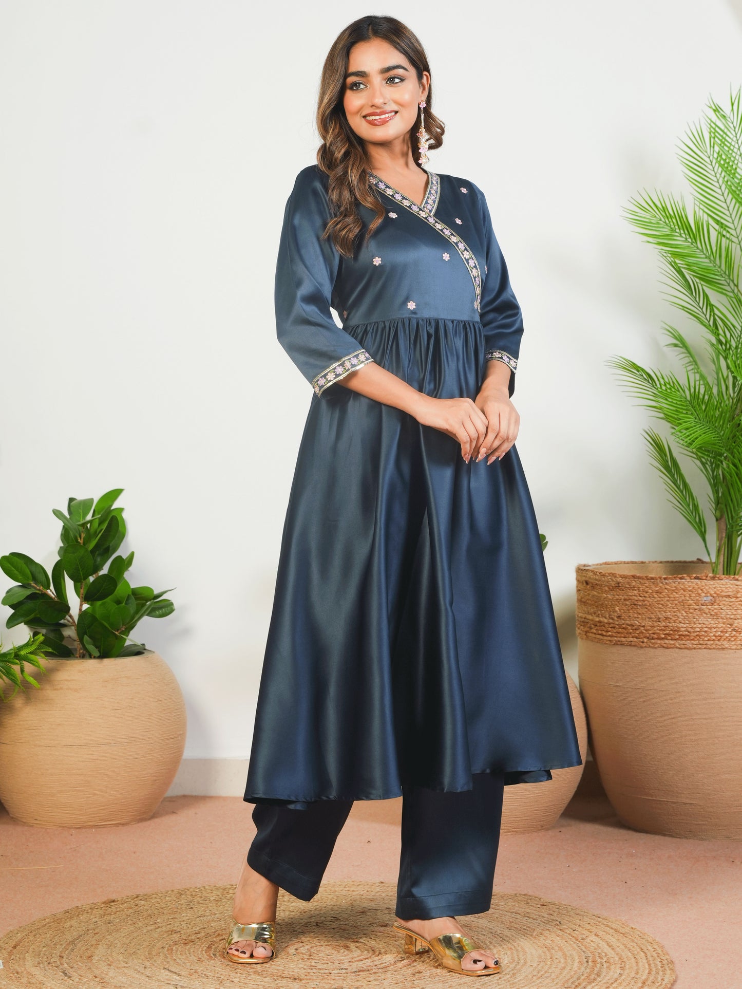 Embroidered Satin Solid Angrakha Navy Blue Kurta