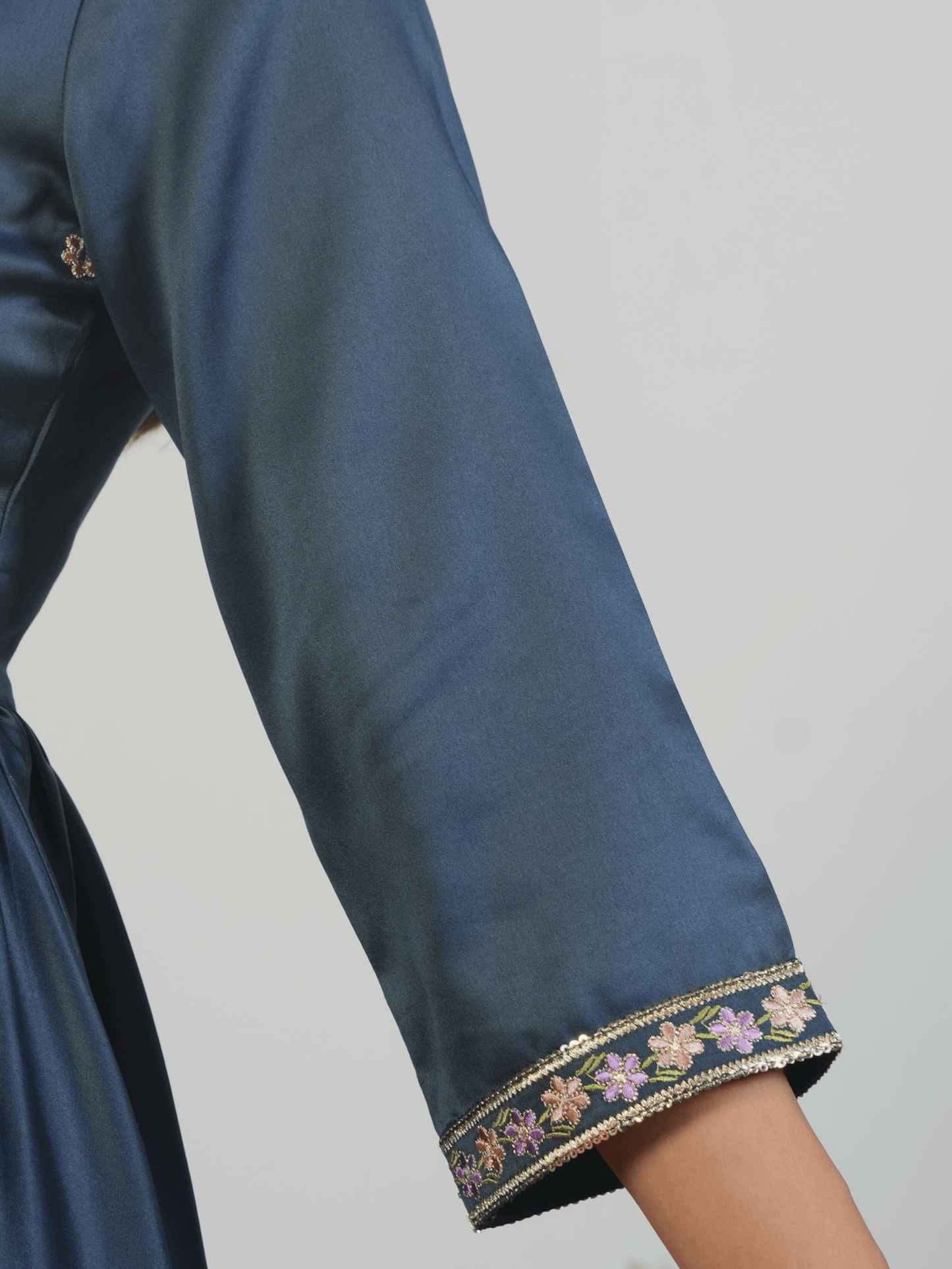 Embroidered Satin Solid Angrakha Navy Blue Kurta