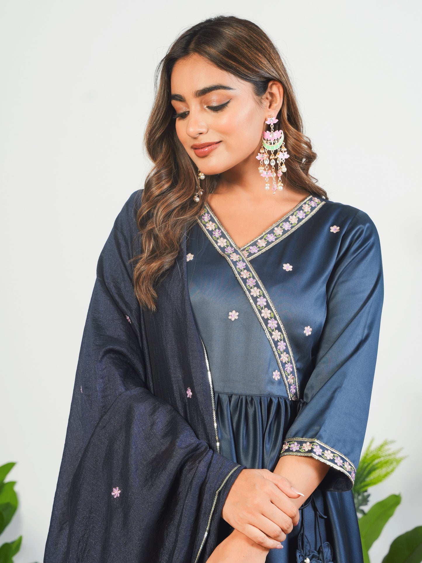 Embroidered Satin Solid Angrakha Navy Blue Kurta