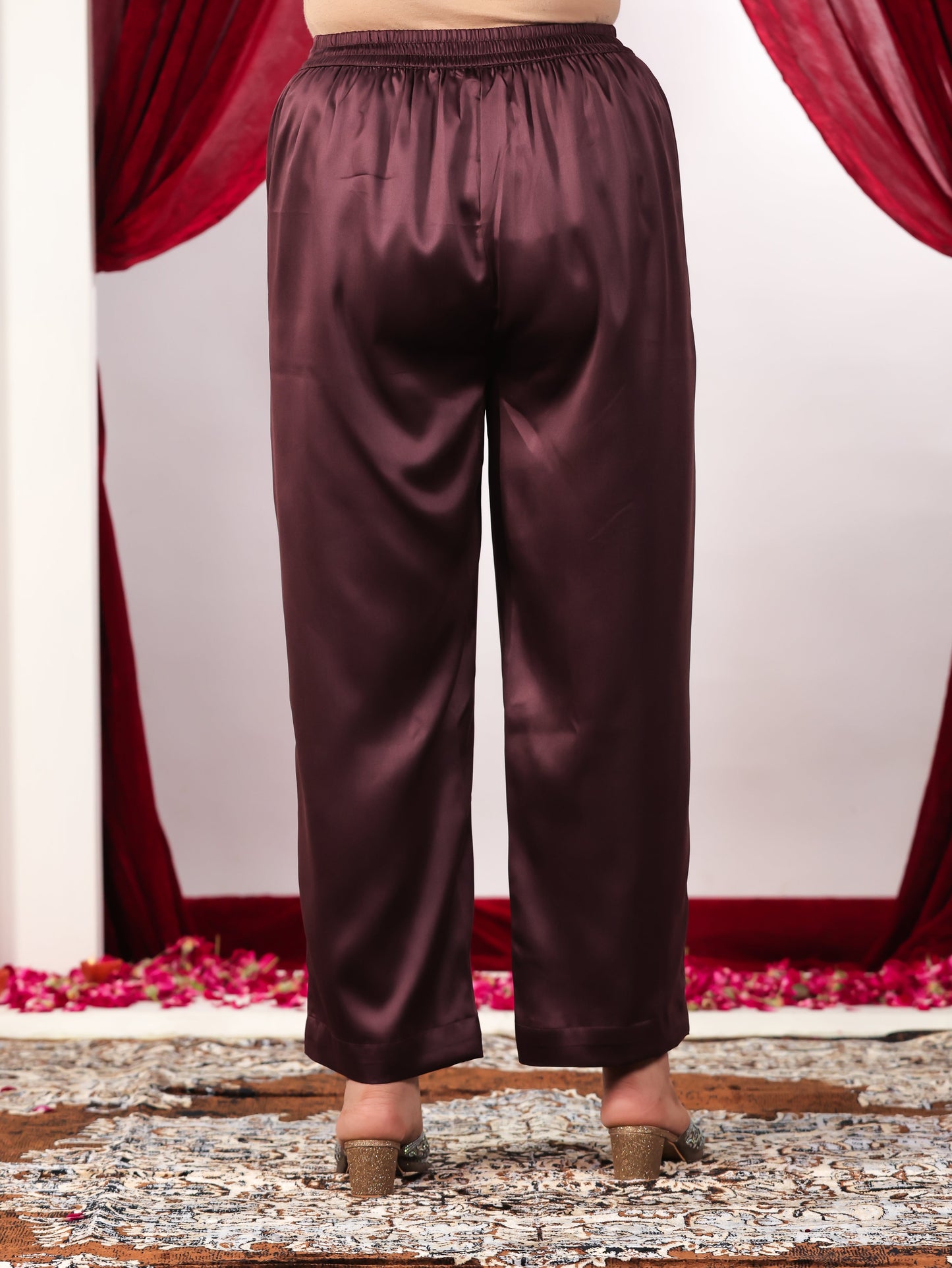 Satin Solid Wine Straight Trousers