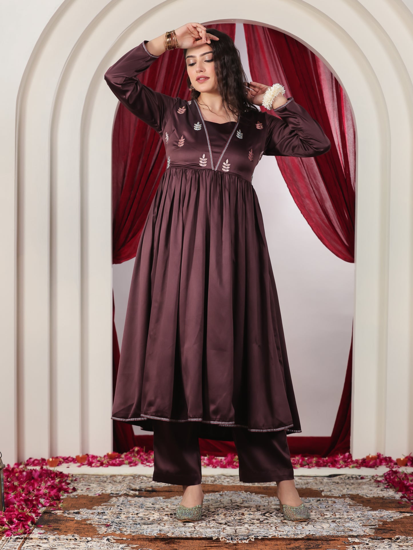 Embroidered Satin Solid Anarkali Wine Kurta