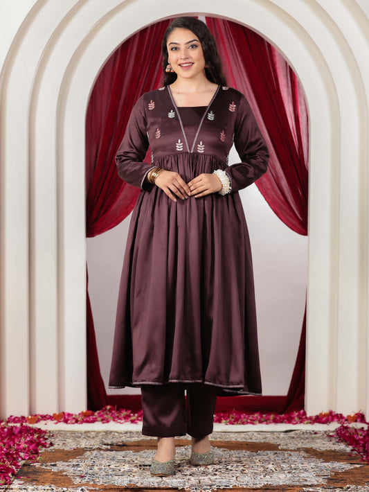Embroidered Satin Solid Anarkali Wine Kurta