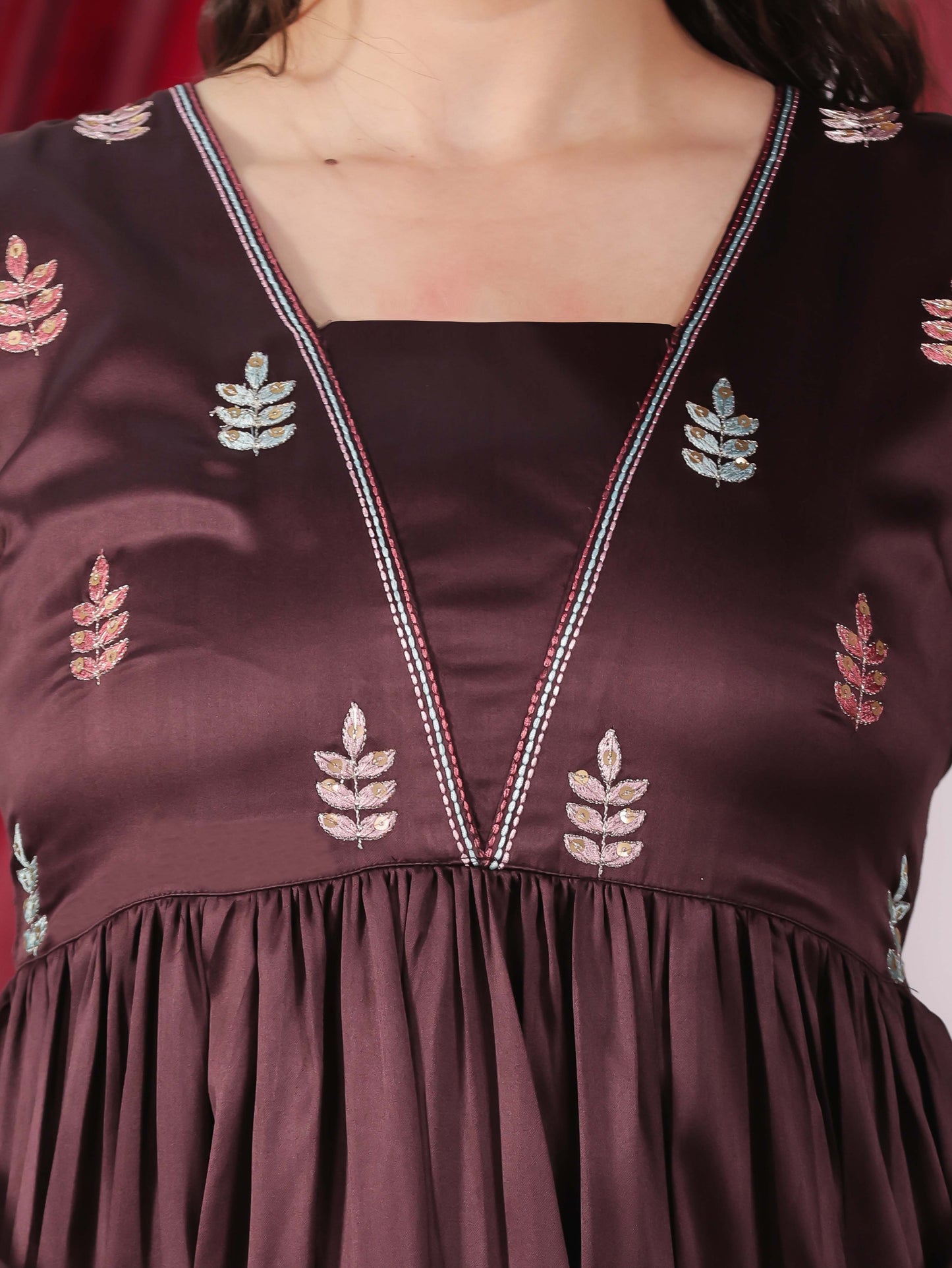 Embroidered Satin Solid Anarkali Wine Kurta