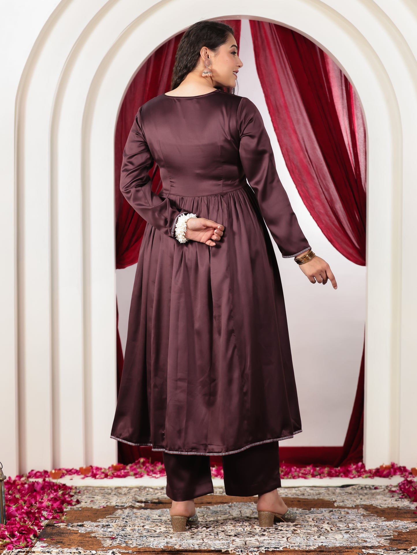 Embroidered Satin Solid Anarkali Wine Kurta