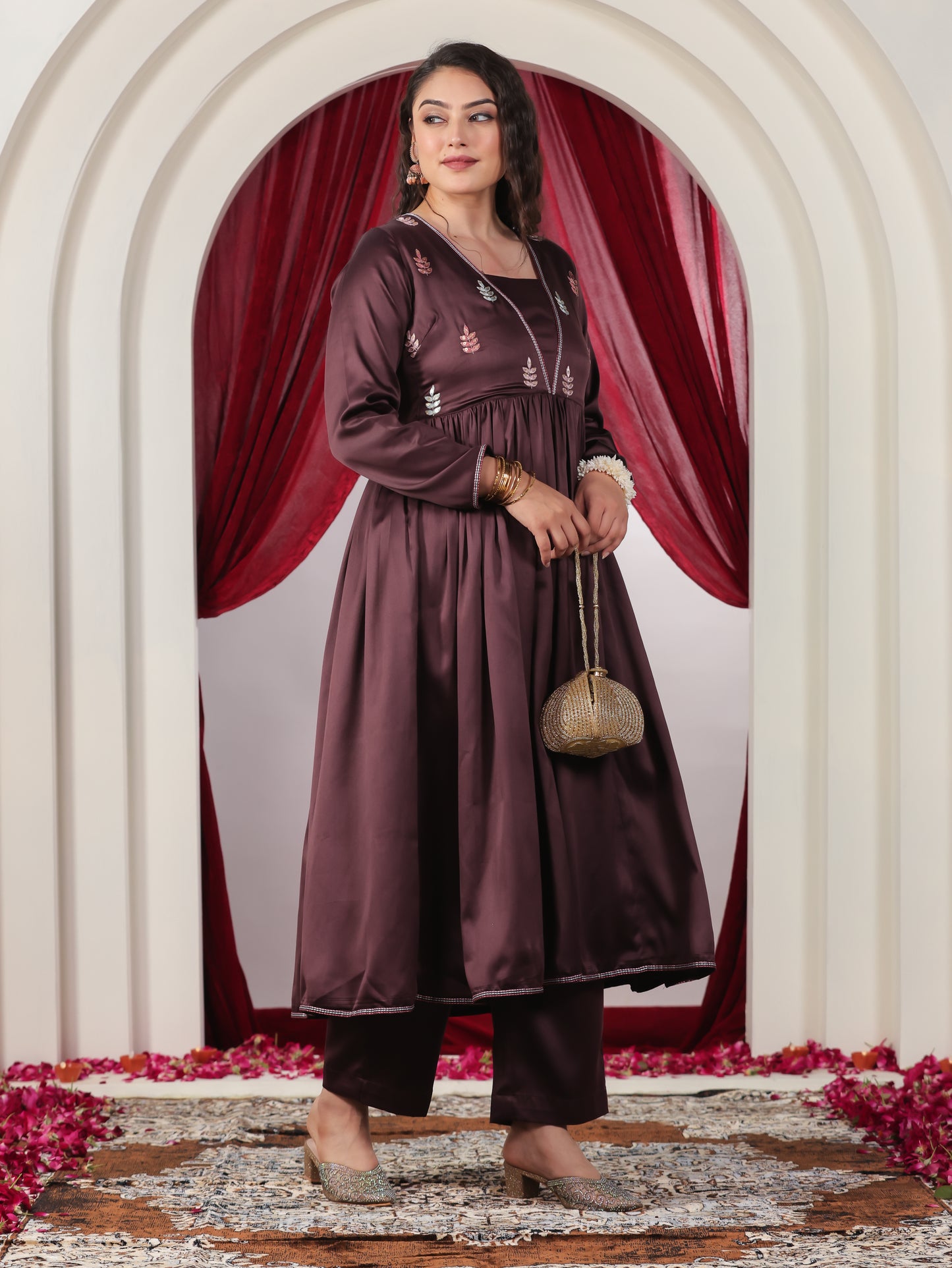 Embroidered Satin Solid Anarkali Wine Kurta