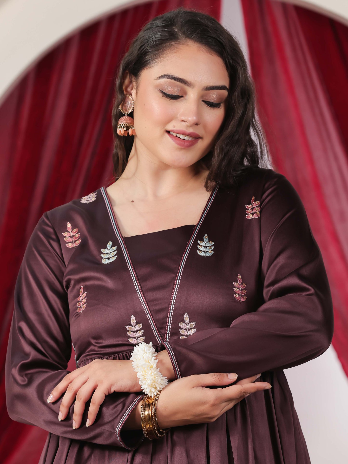 Embroidered Satin Solid Anarkali Wine Kurta