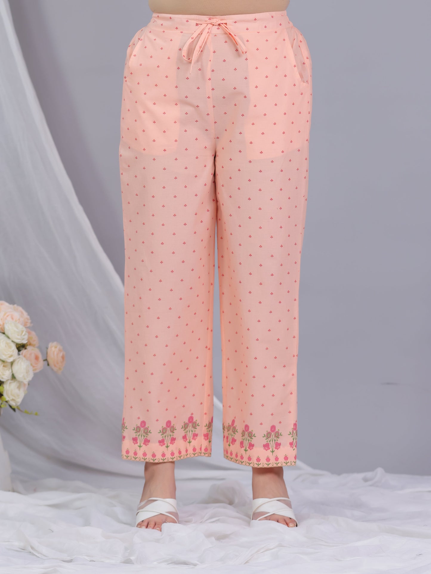 Soft Cotton Floral Peach Straight Trousers