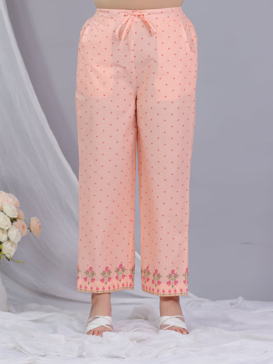 Soft Cotton Floral Peach Straight Trousers