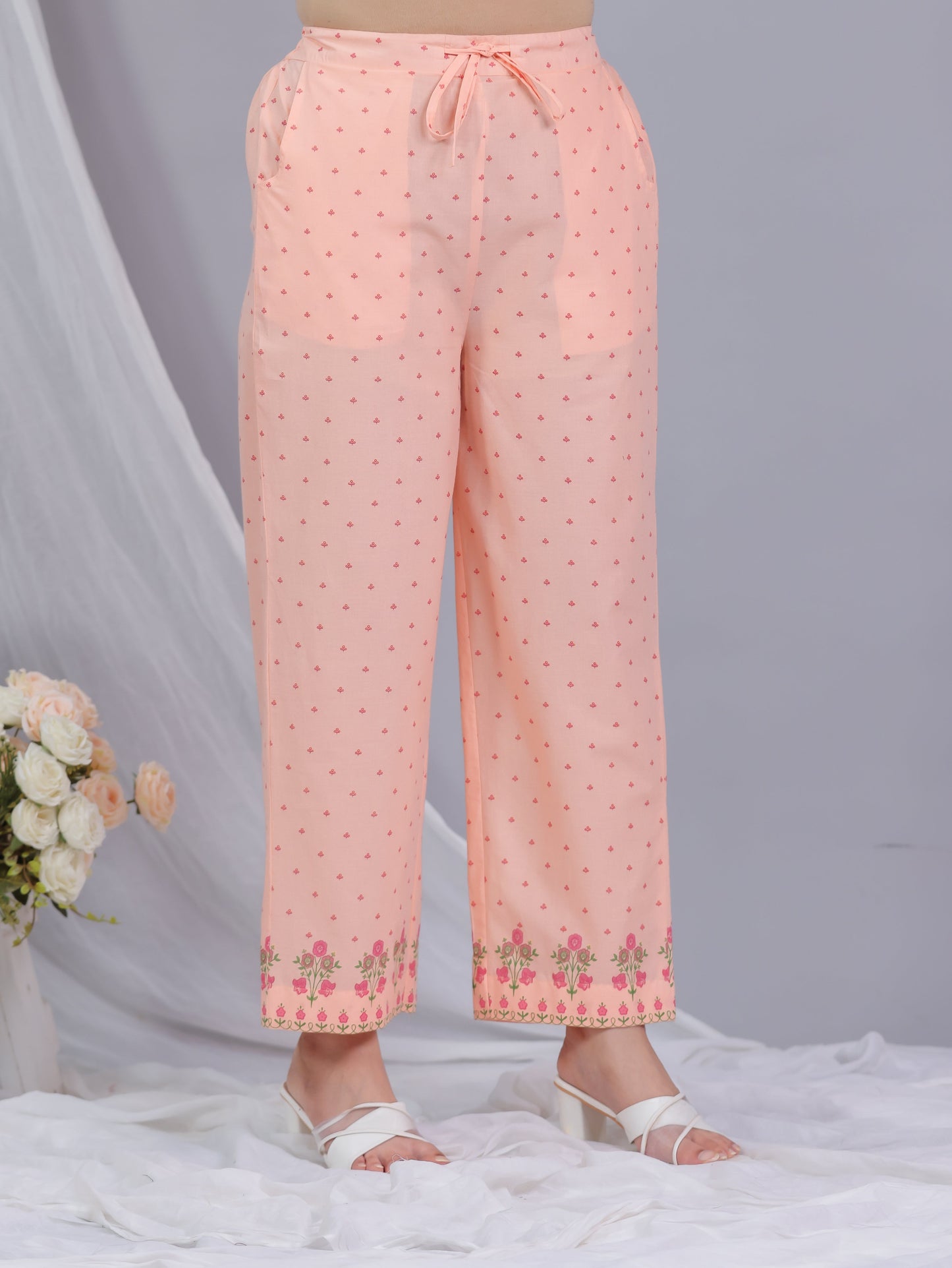 Soft Cotton Floral Peach Straight Trousers