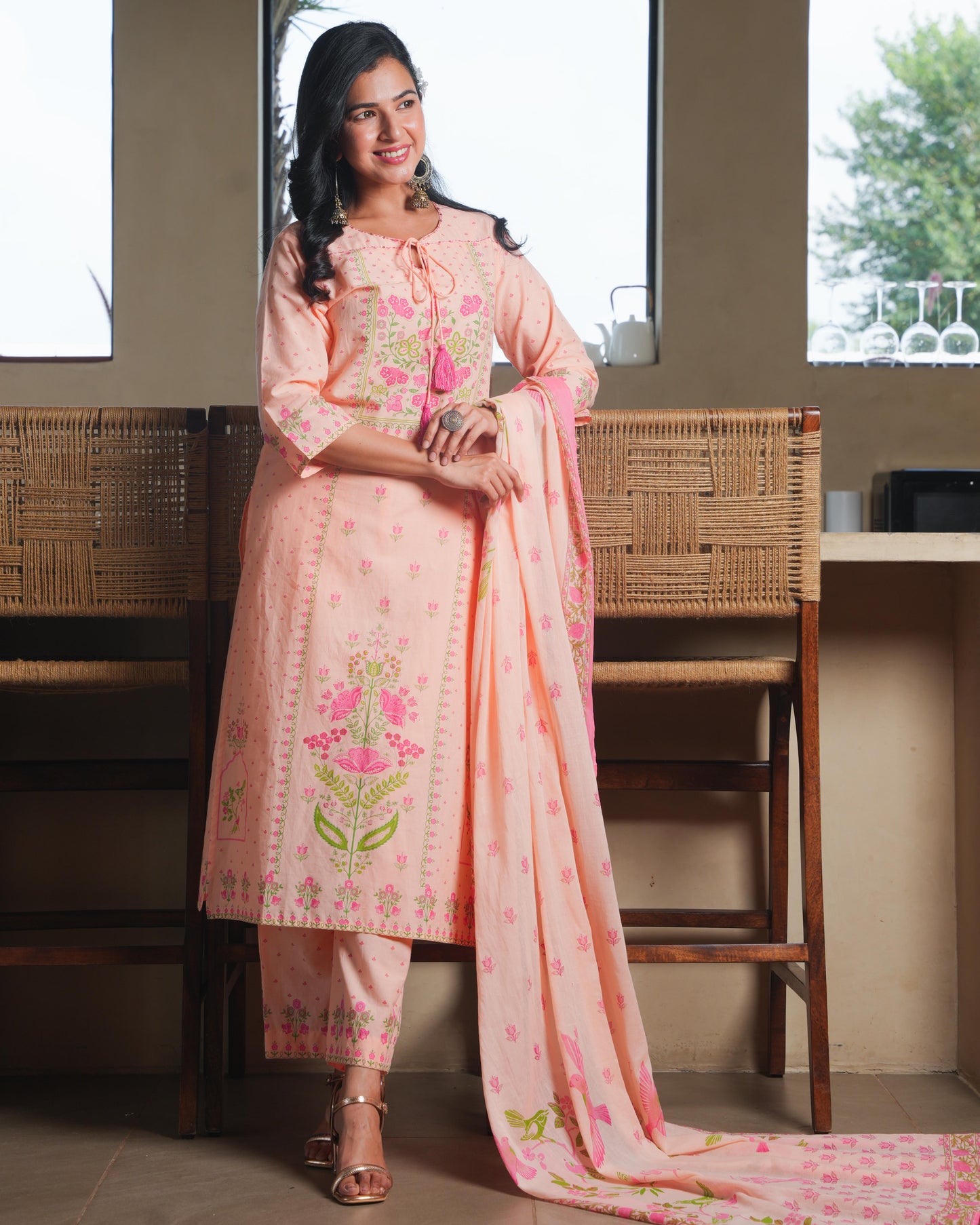 Cotton Voile Floral Peach Dupatta