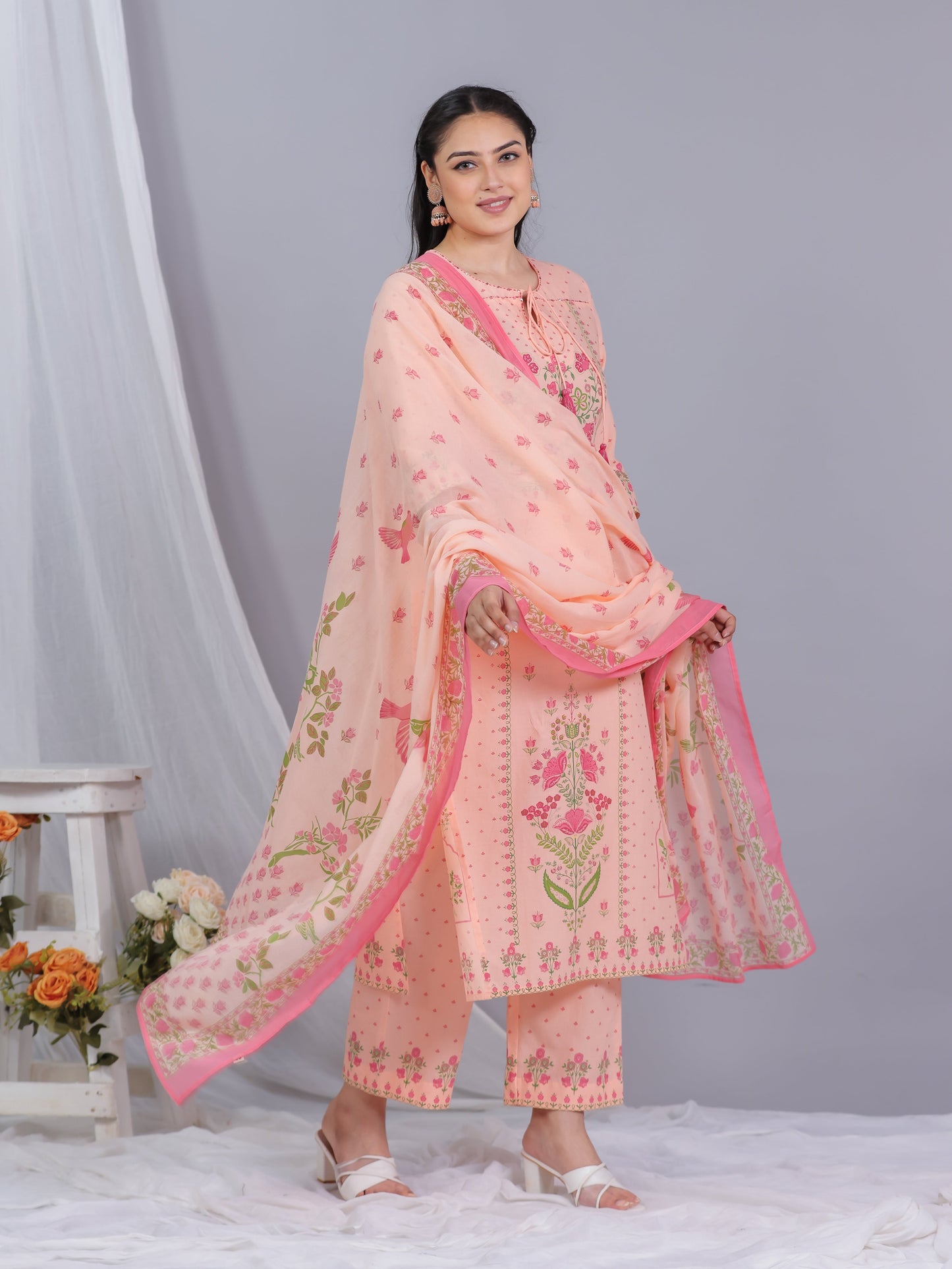 Cotton Voile Floral Peach Dupatta