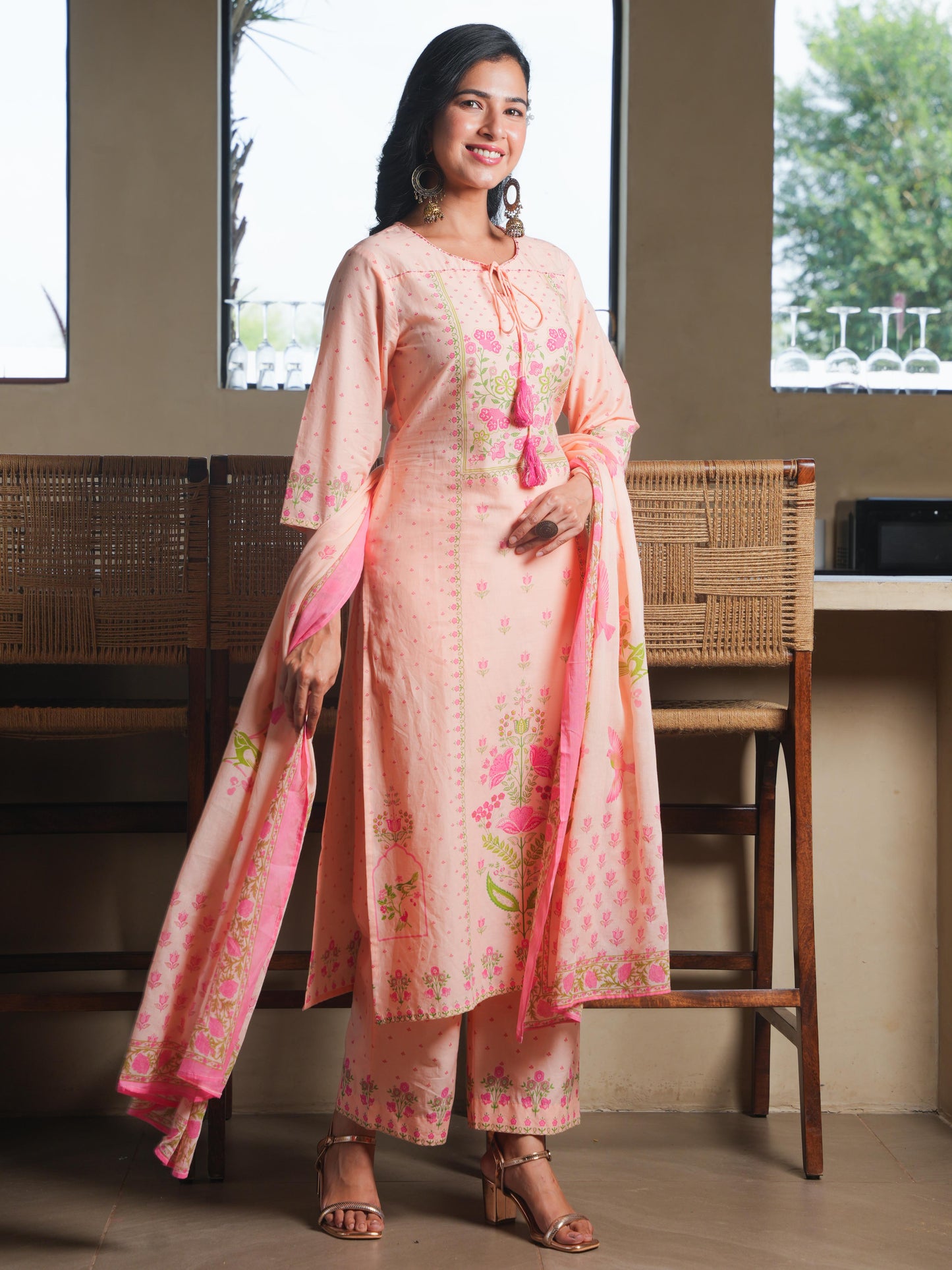 Cotton Voile Floral Peach Dupatta