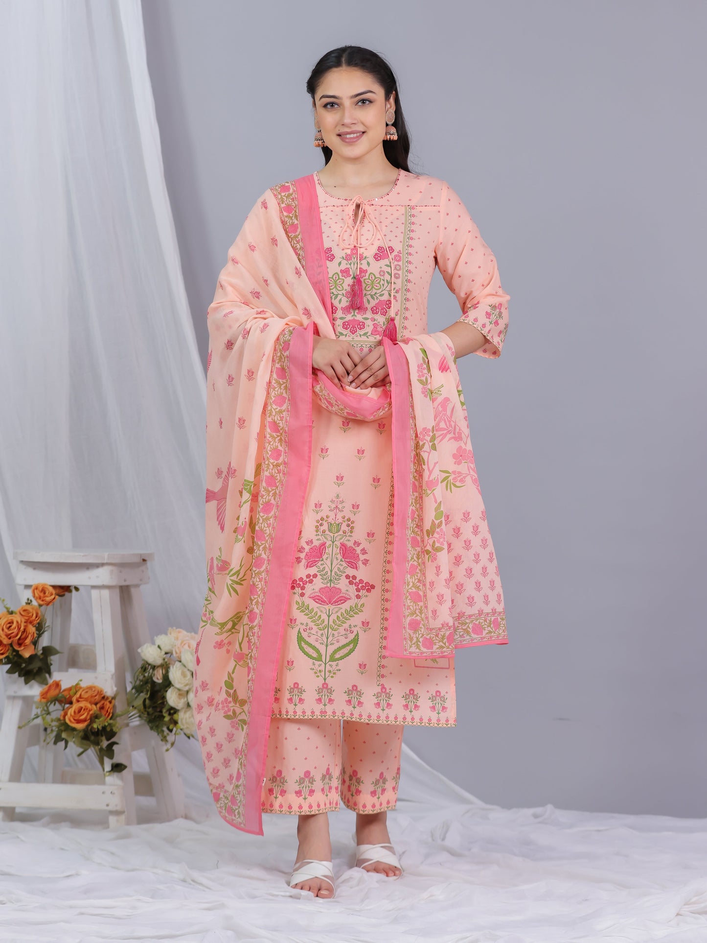 Cotton Voile Floral Peach Dupatta