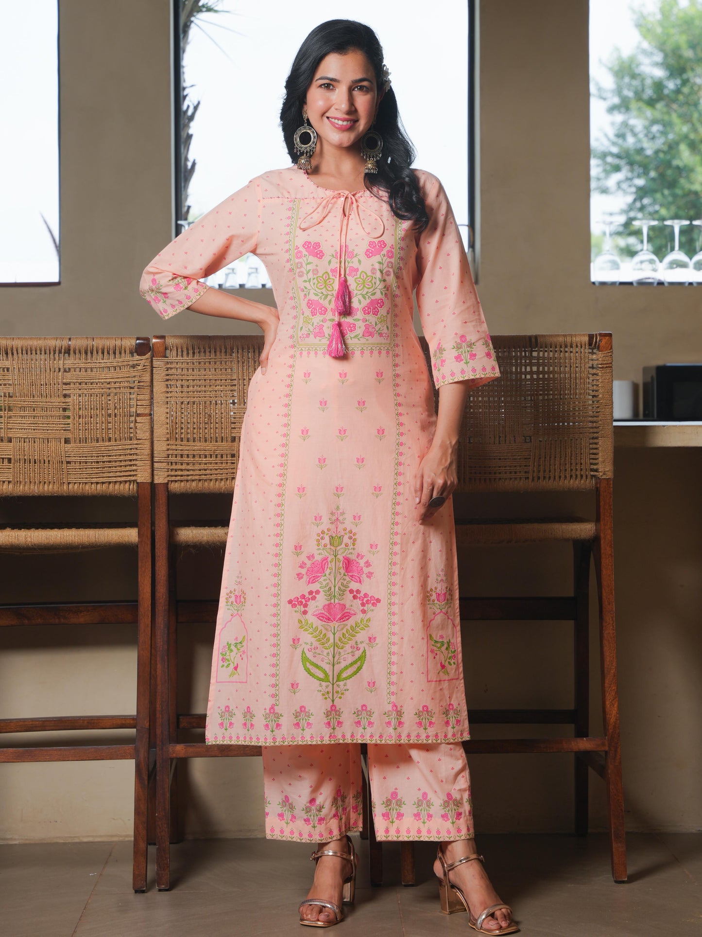Embroidered Soft Cotton Floral Straight Peach Kurta