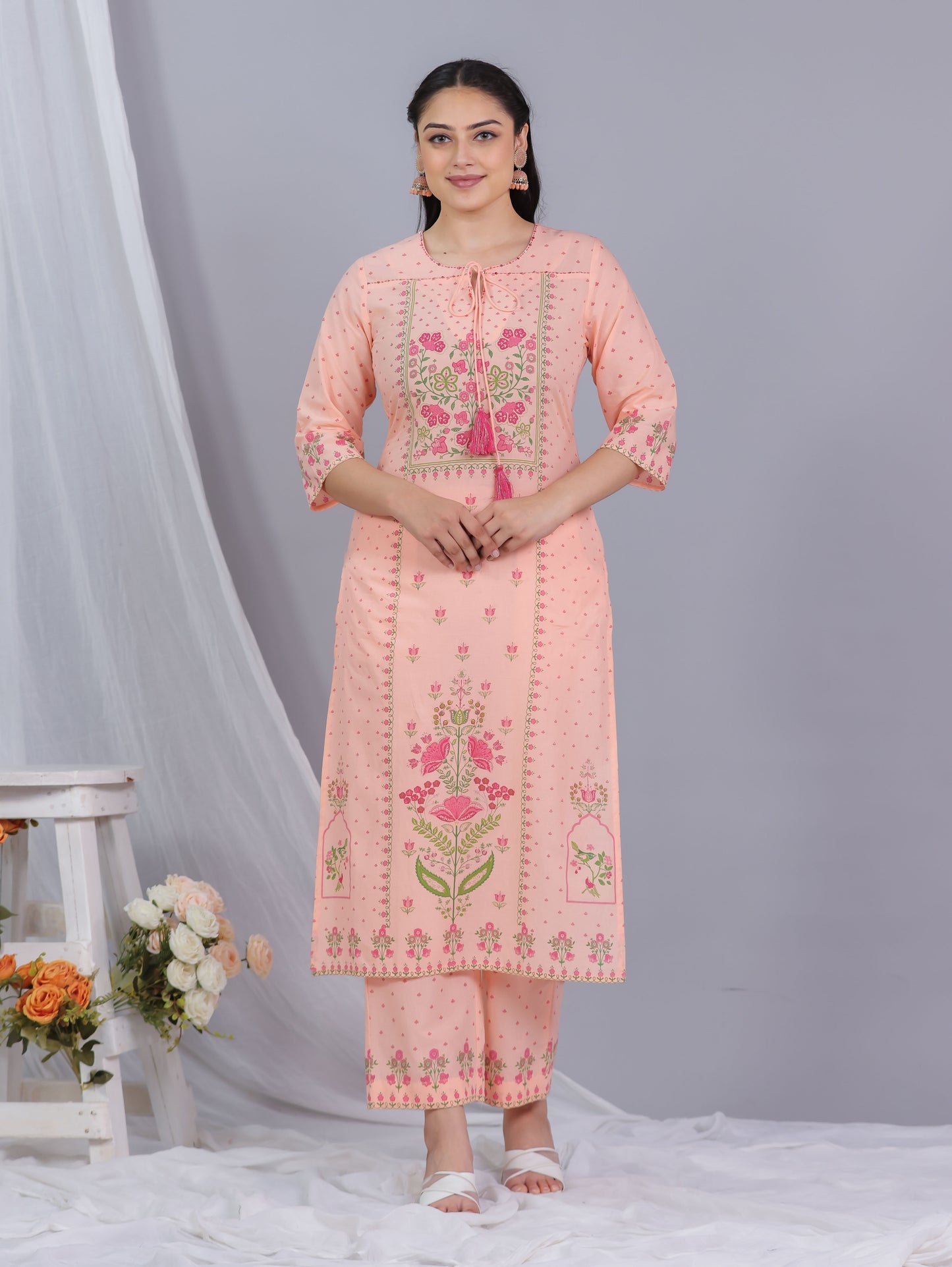 Embroidered Soft Cotton Floral Straight Peach Kurta