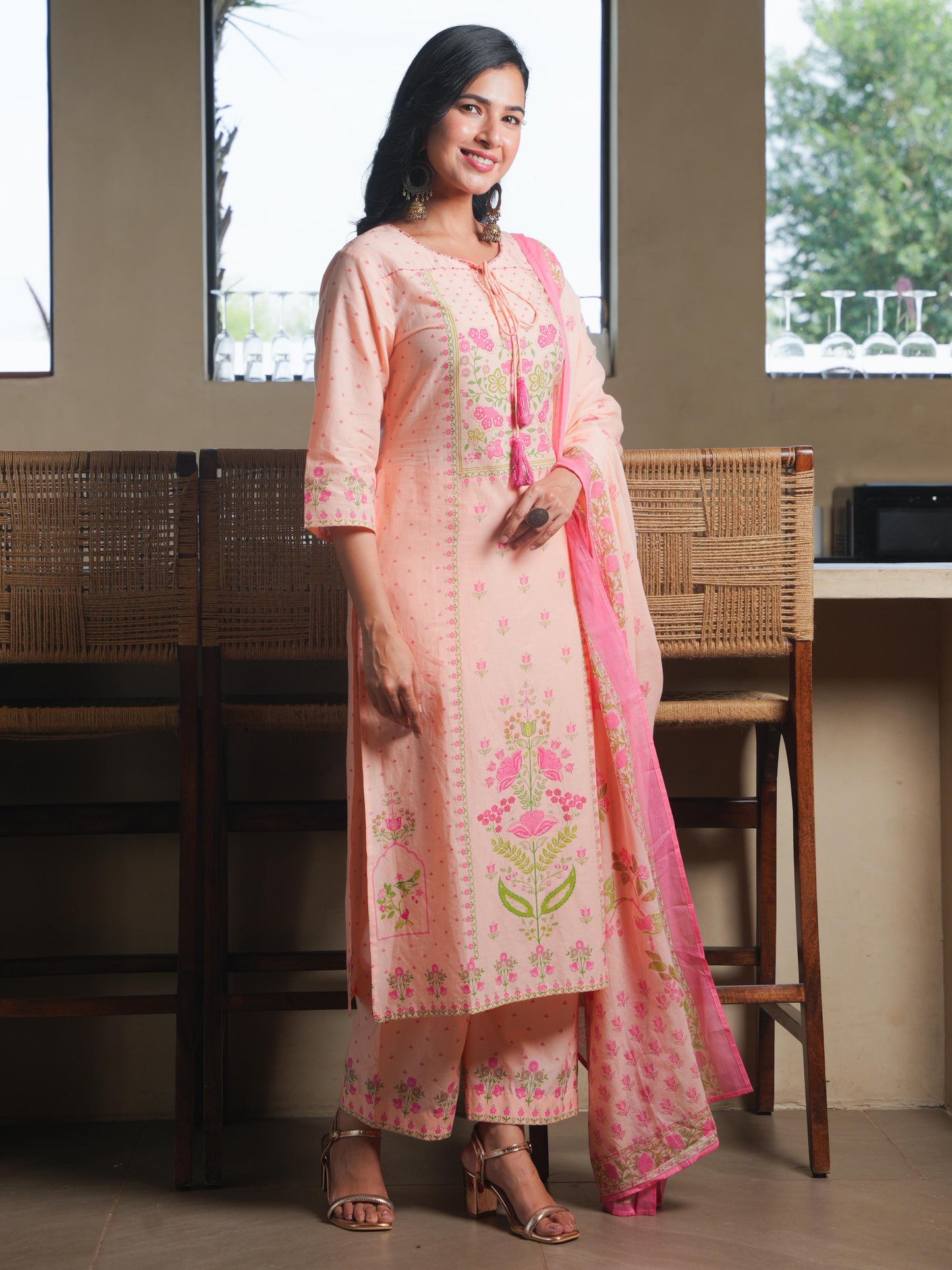 Embroidered Soft Cotton Floral Straight Peach Kurta