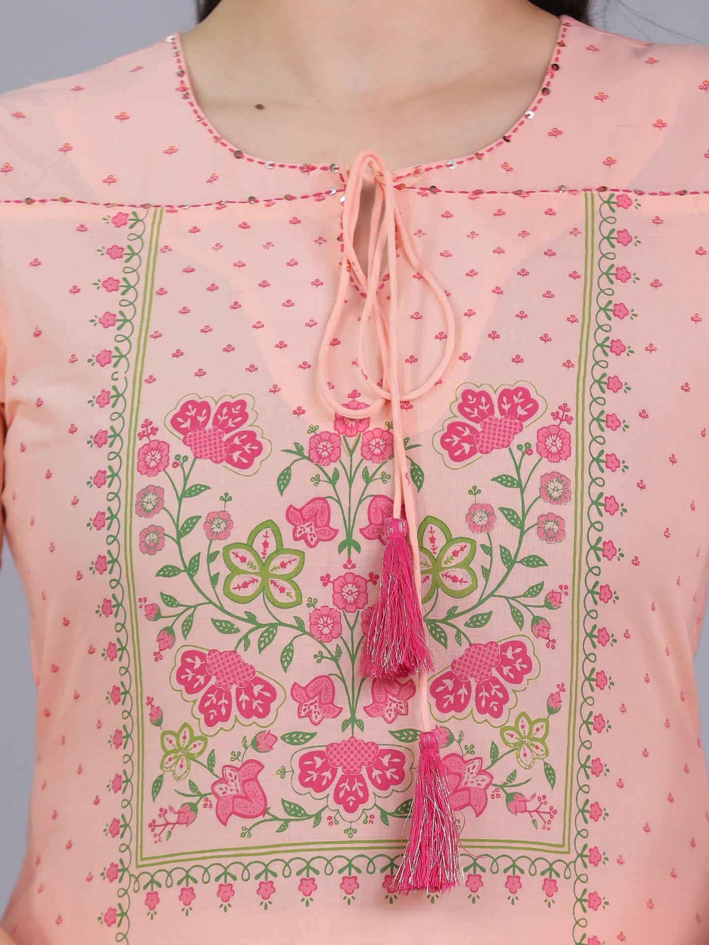Embroidered Soft Cotton Floral Straight Peach Kurta