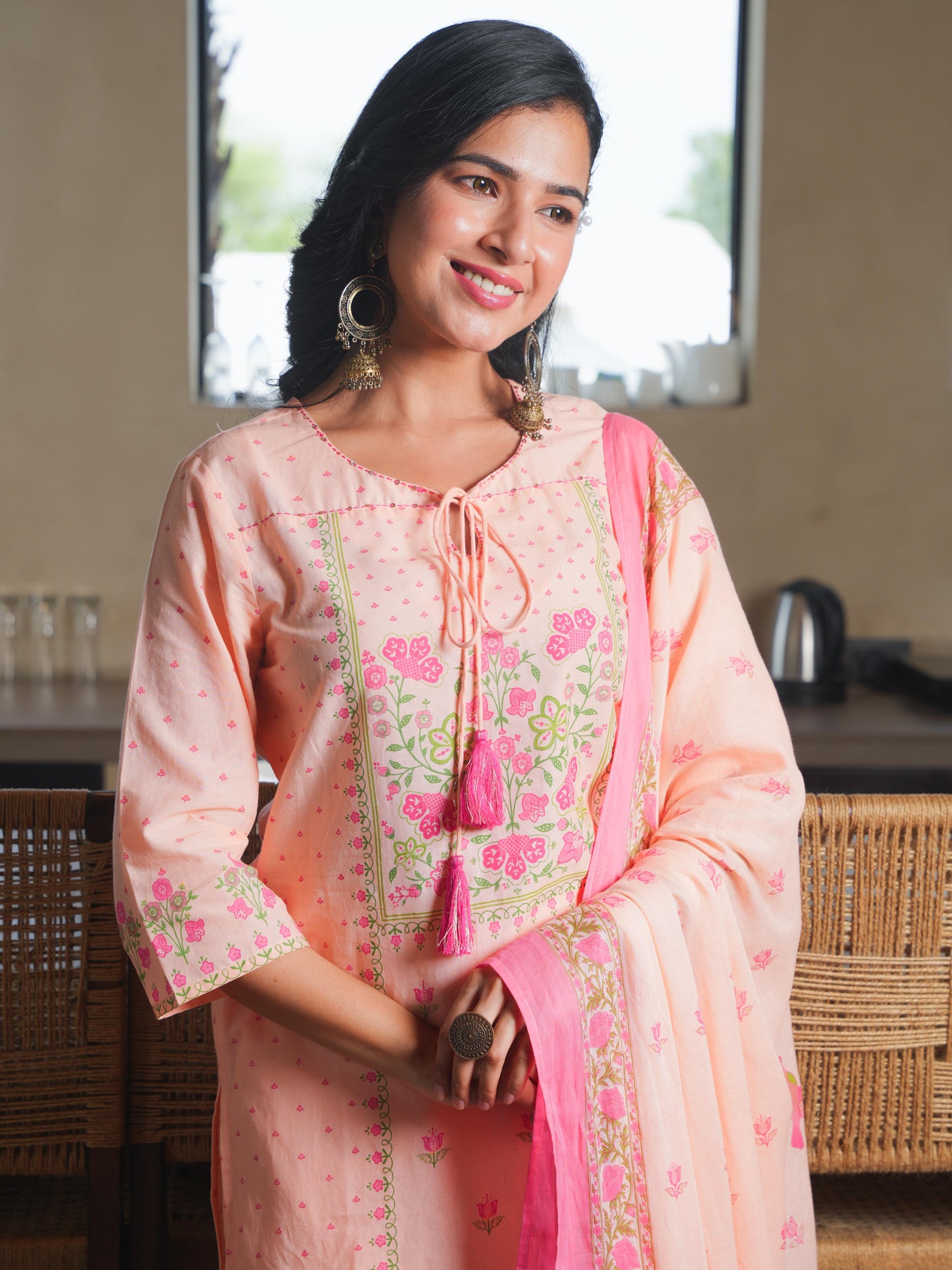 Embroidered Soft Cotton Floral Straight Peach Kurta