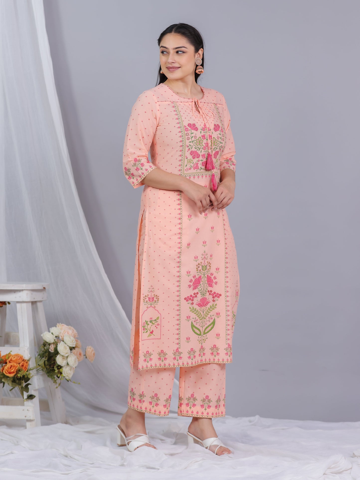 Embroidered Soft Cotton Floral Straight Peach Kurta