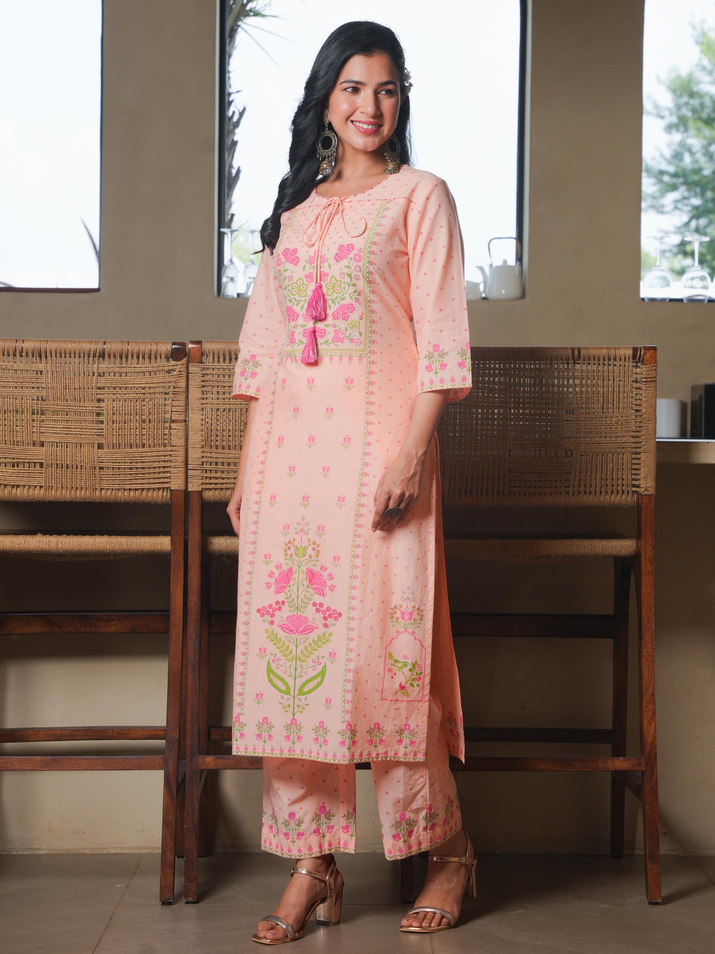 Embroidered Soft Cotton Floral Straight Peach Kurta