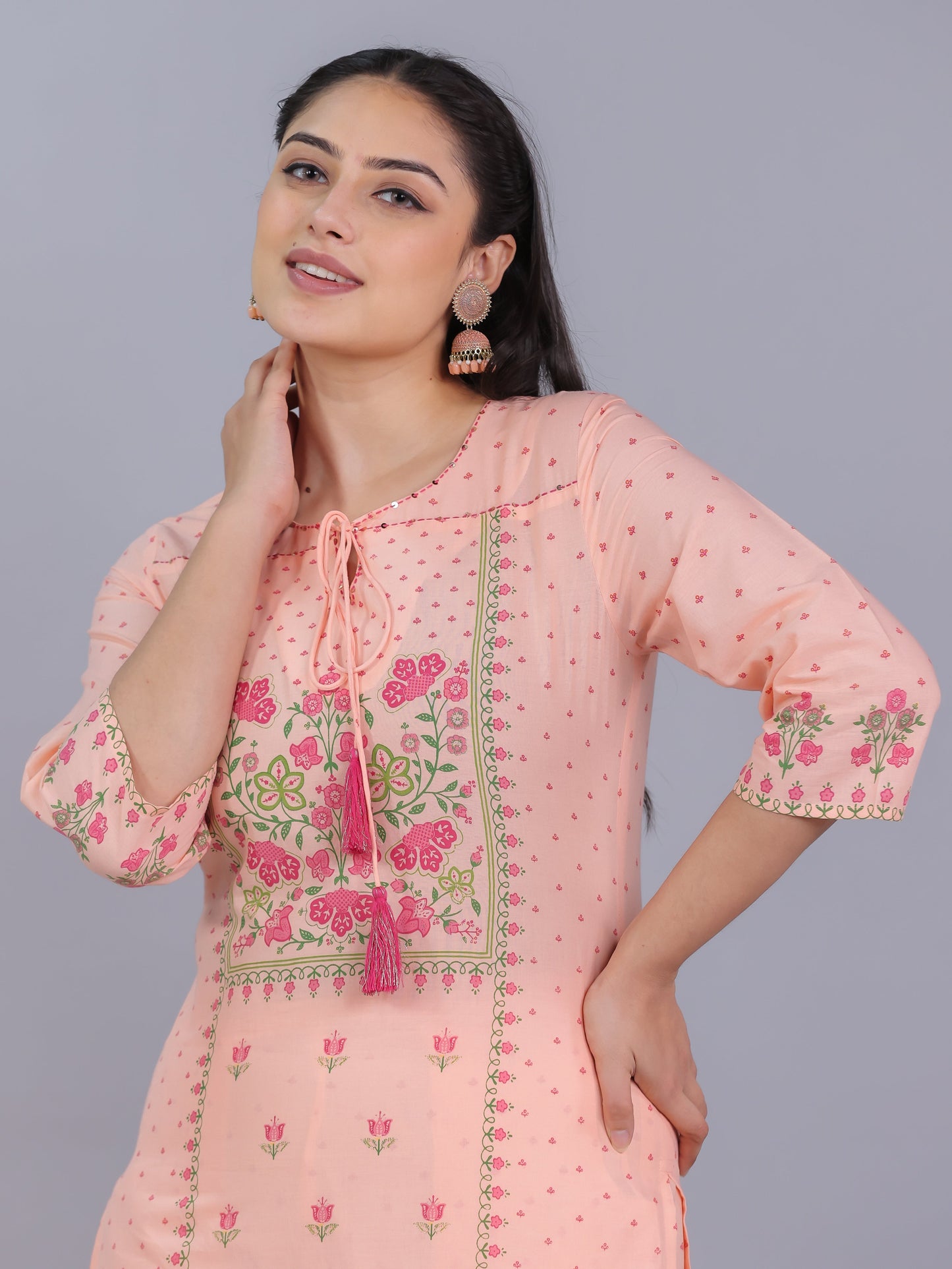 Embroidered Soft Cotton Floral Straight Peach Kurta