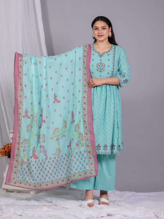 Cotton Voile Floral Mint Green Dupatta