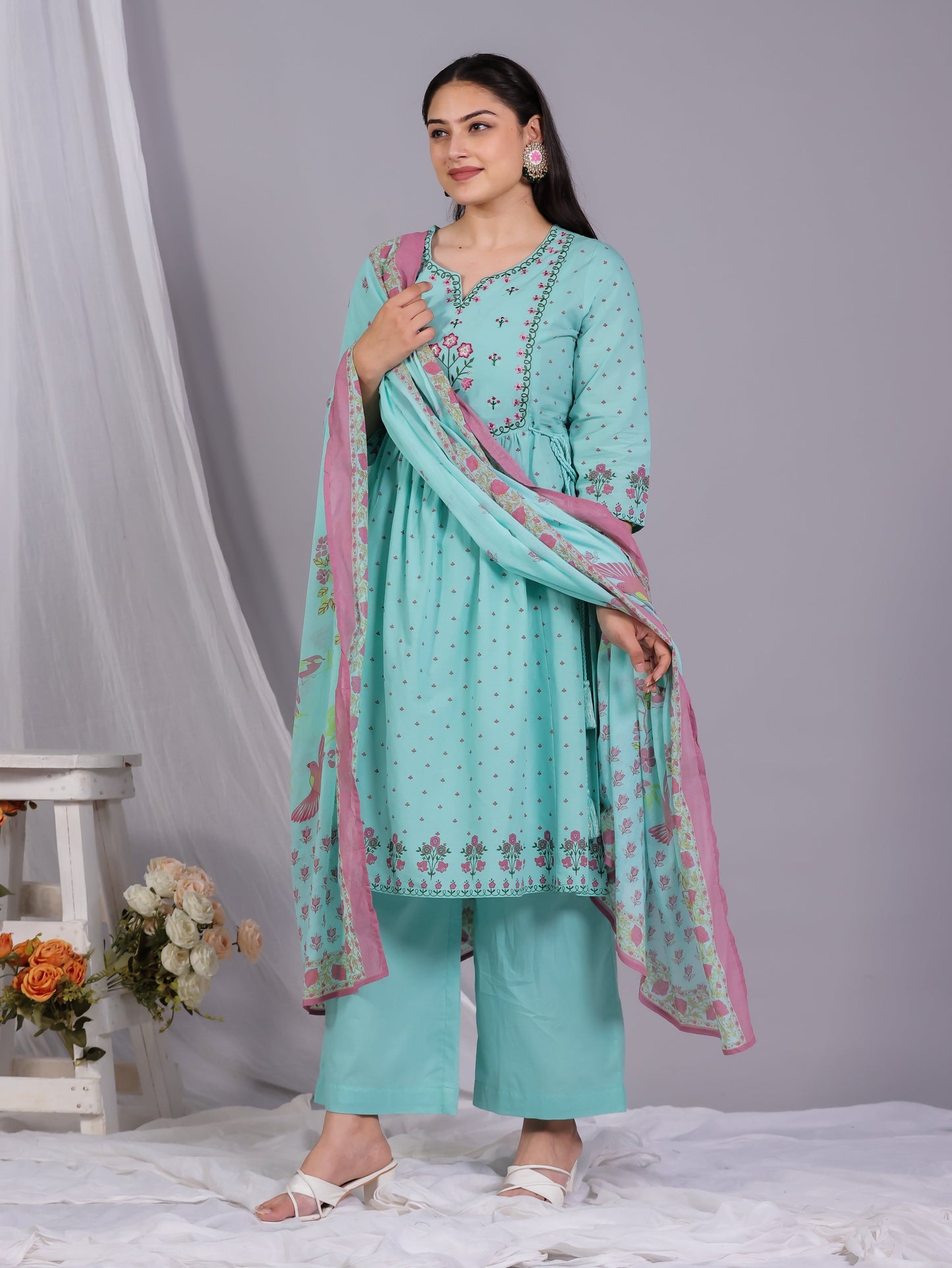Cotton Voile Floral Mint Green Dupatta