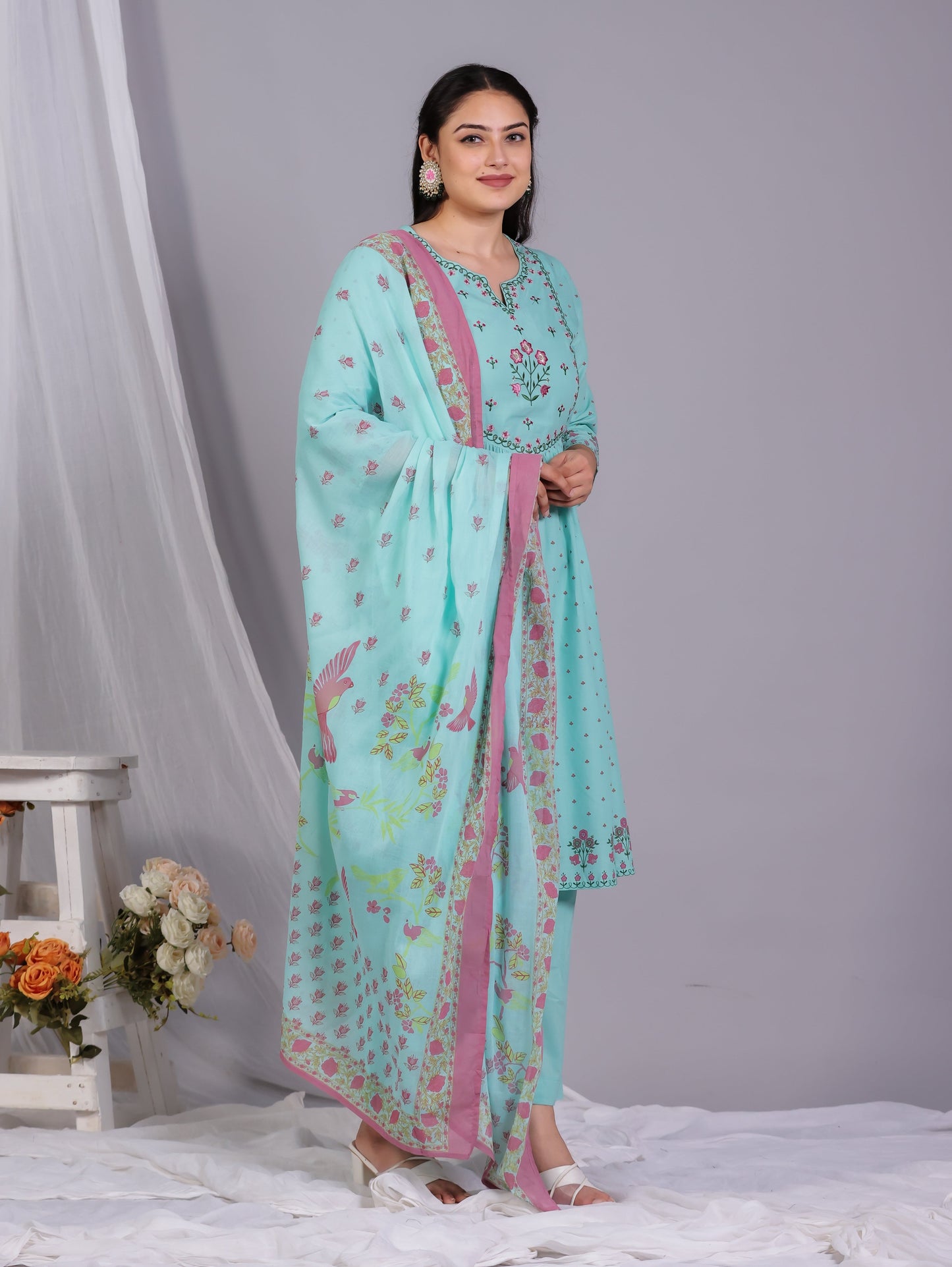 Cotton Voile Floral Mint Green Dupatta