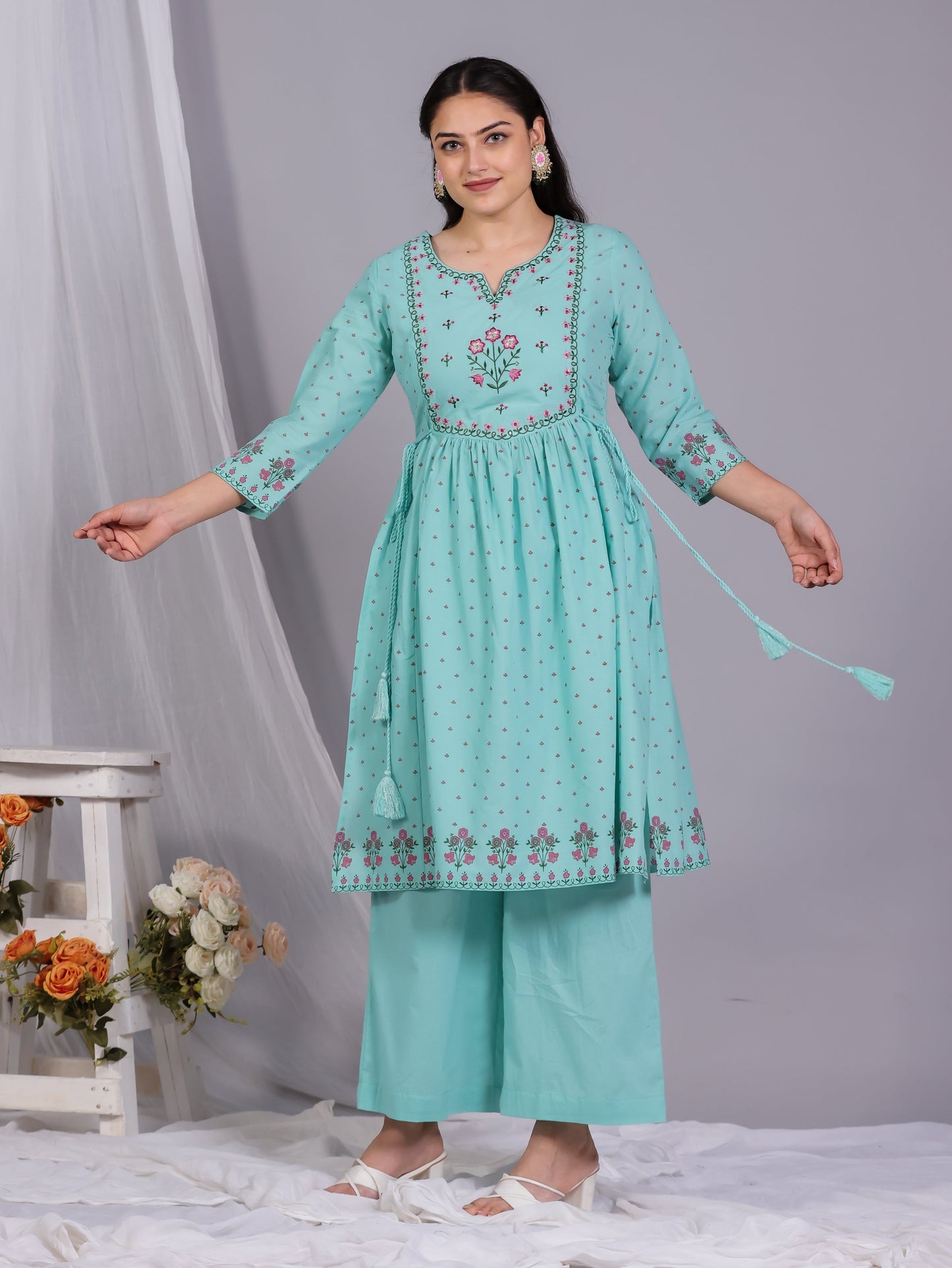 Embroidered Soft Cotton Floral Flared Mint Green Kurta