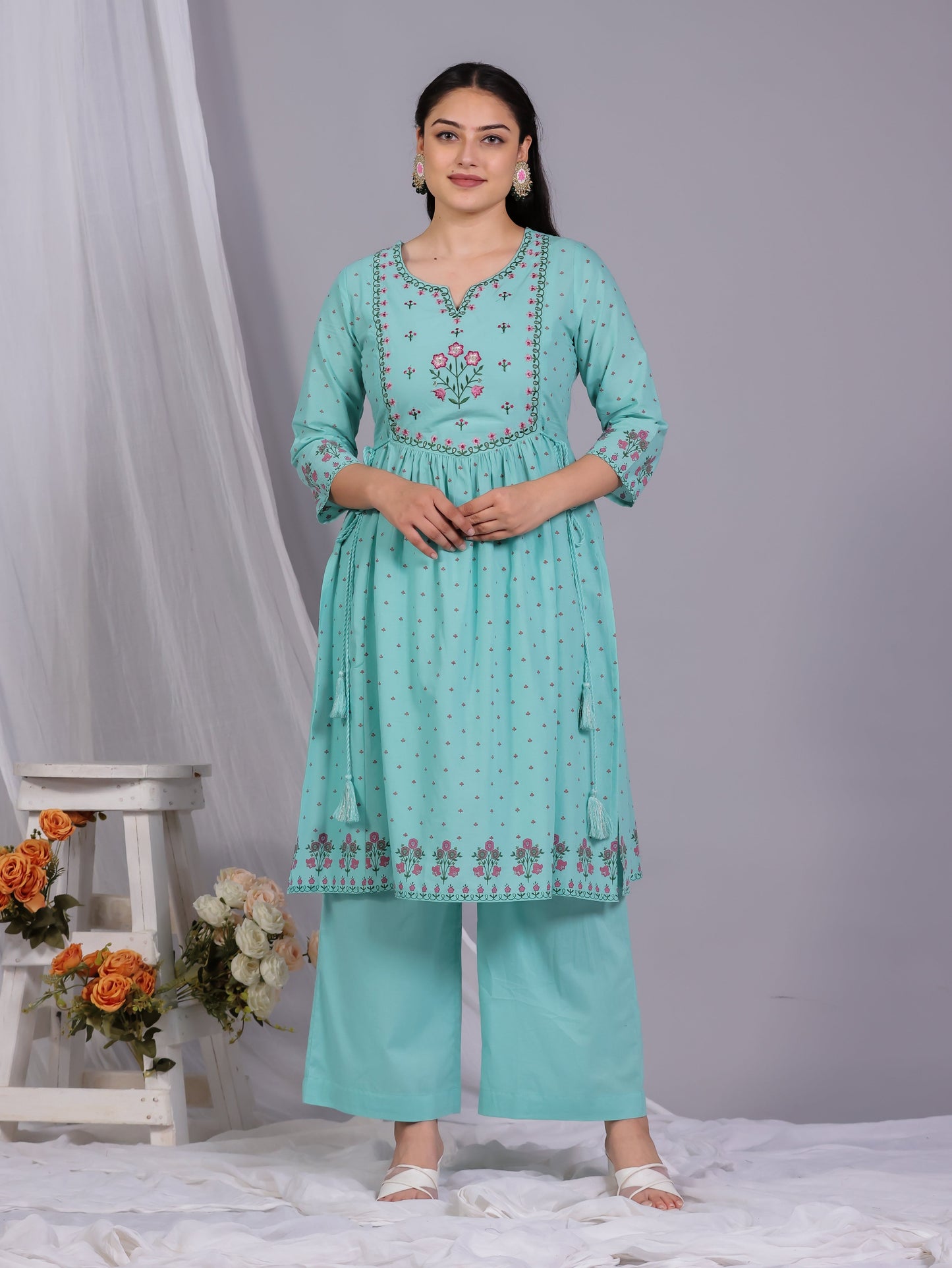 Embroidered Soft Cotton Floral Flared Mint Green Kurta